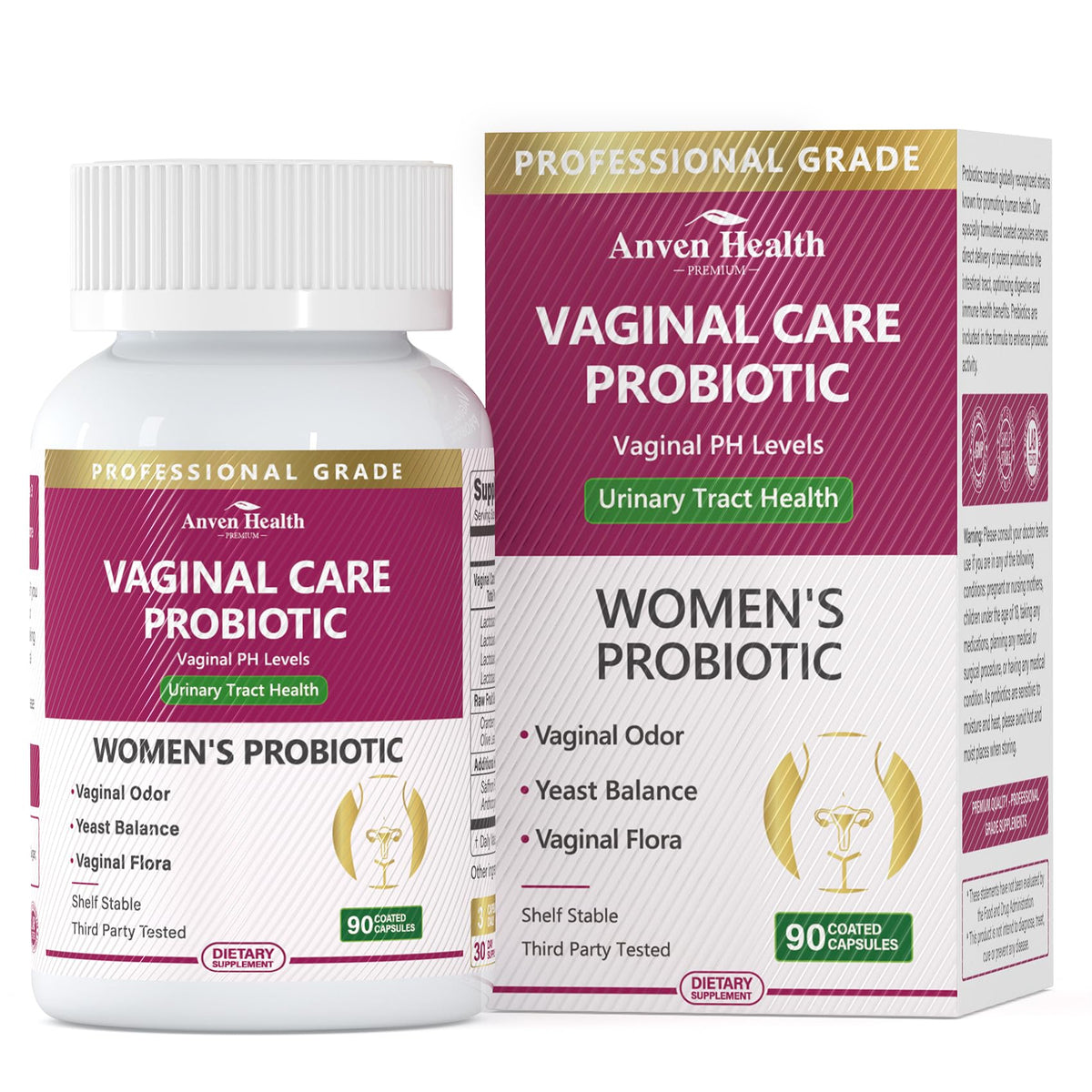 Botella de Anven Health con probióticos vaginales para equilibrio diario.