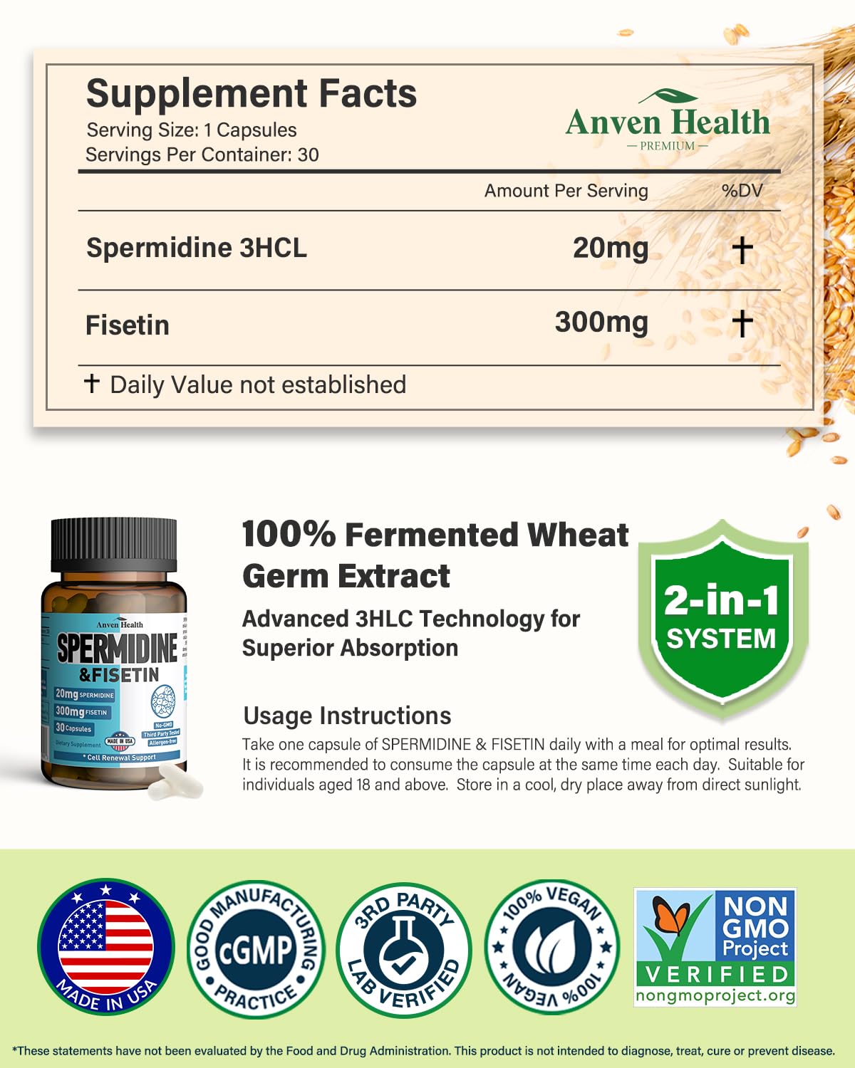 Anven Health Spermidina Suplemento; cápsulas fáciles de tragar para uso diario
