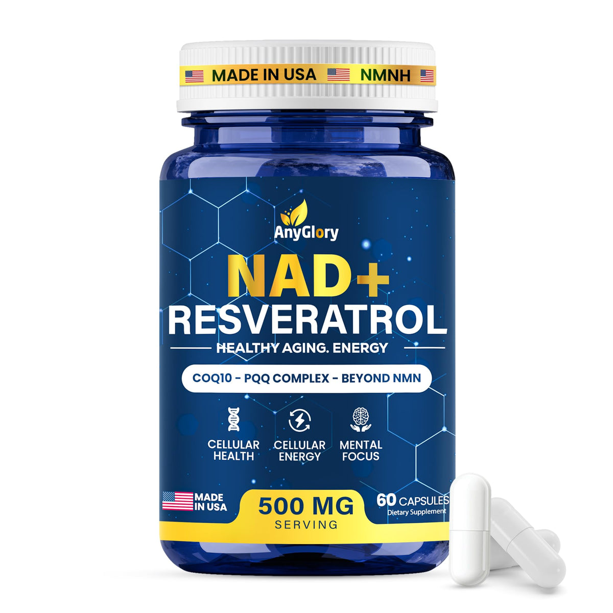 Anyglory NAD+ NR 500 mg: cápsulas para energía diaria.