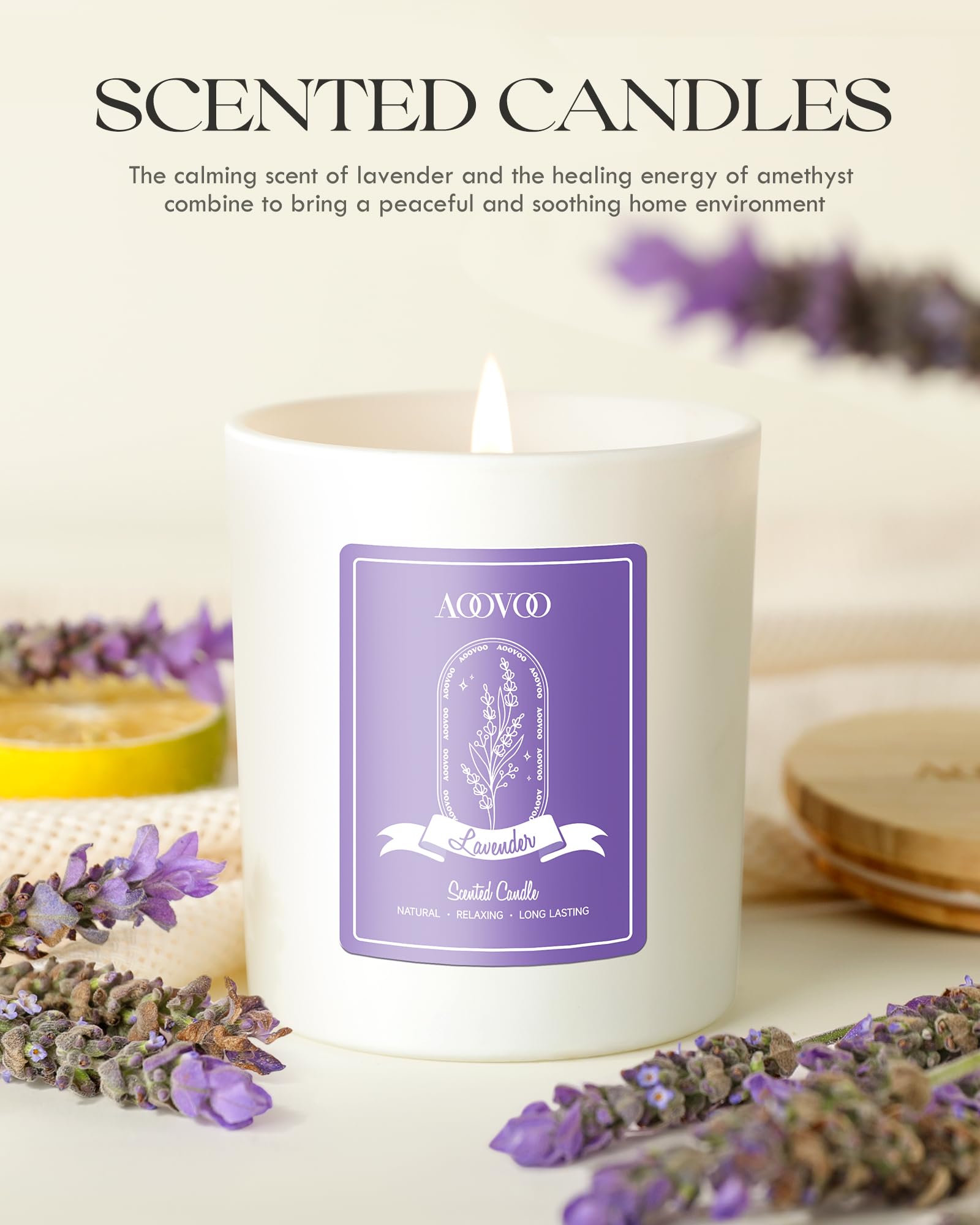 Flores secas en vela AOOVOO lavanda para decoración y aroma suave.