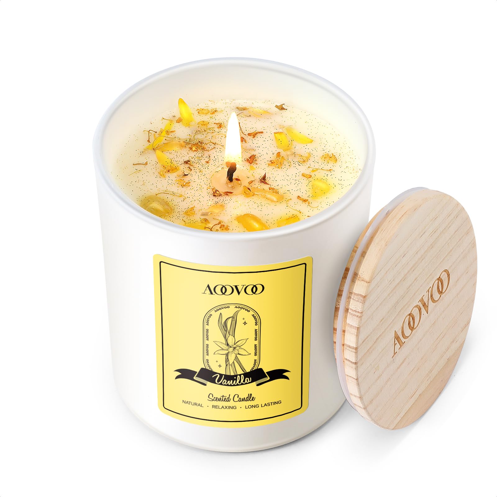 Vela AOOVOO con aroma vainilla y cristales dentro, ideal para relajación y equilibrio.