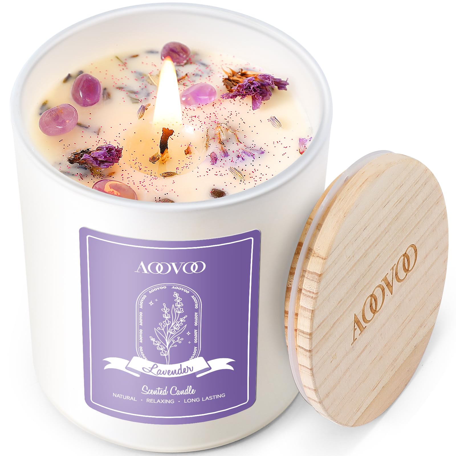 Vela AOOVOO de lavanda con cristales dentro para armonía y aroma duradero.