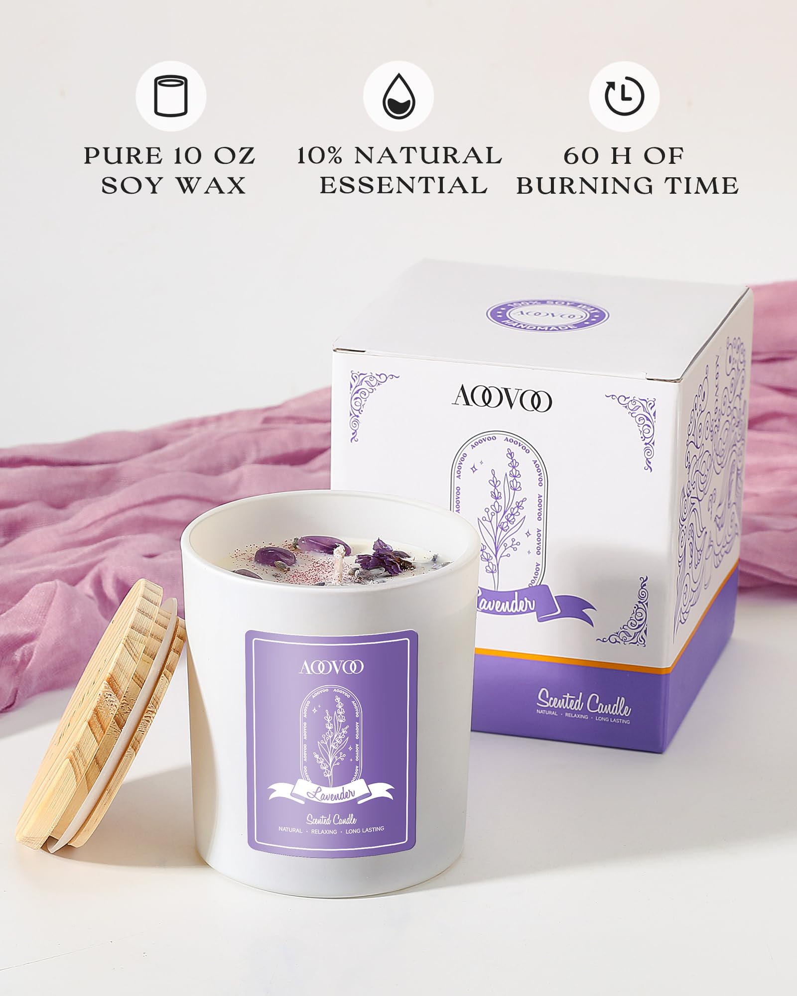 Vela AOOVOO de soja lavanda con aroma relajante para el hogar.