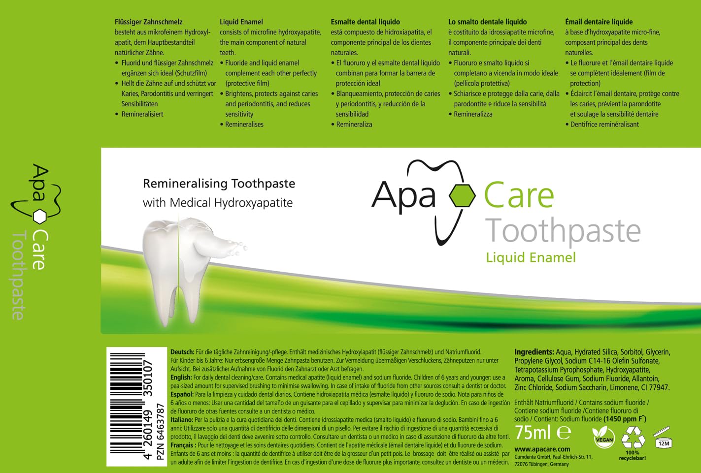 ApaCare pasta dental remineralizante 75 ml, interior, fórmula de alto rendimiento.