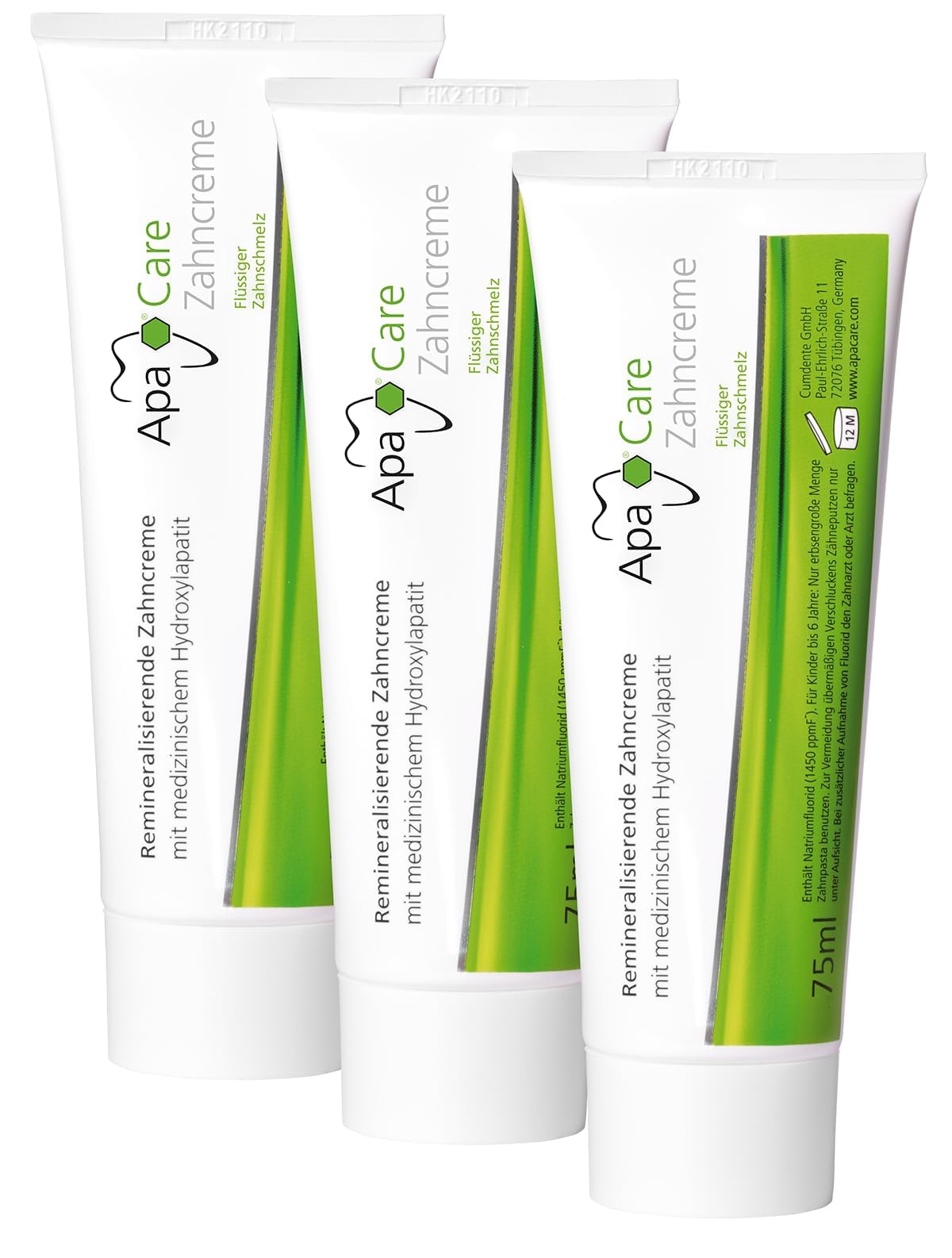 ApaCare pasta dental remineralizante 75 ml, tubo frontal, ideal para limpieza suave diaria.