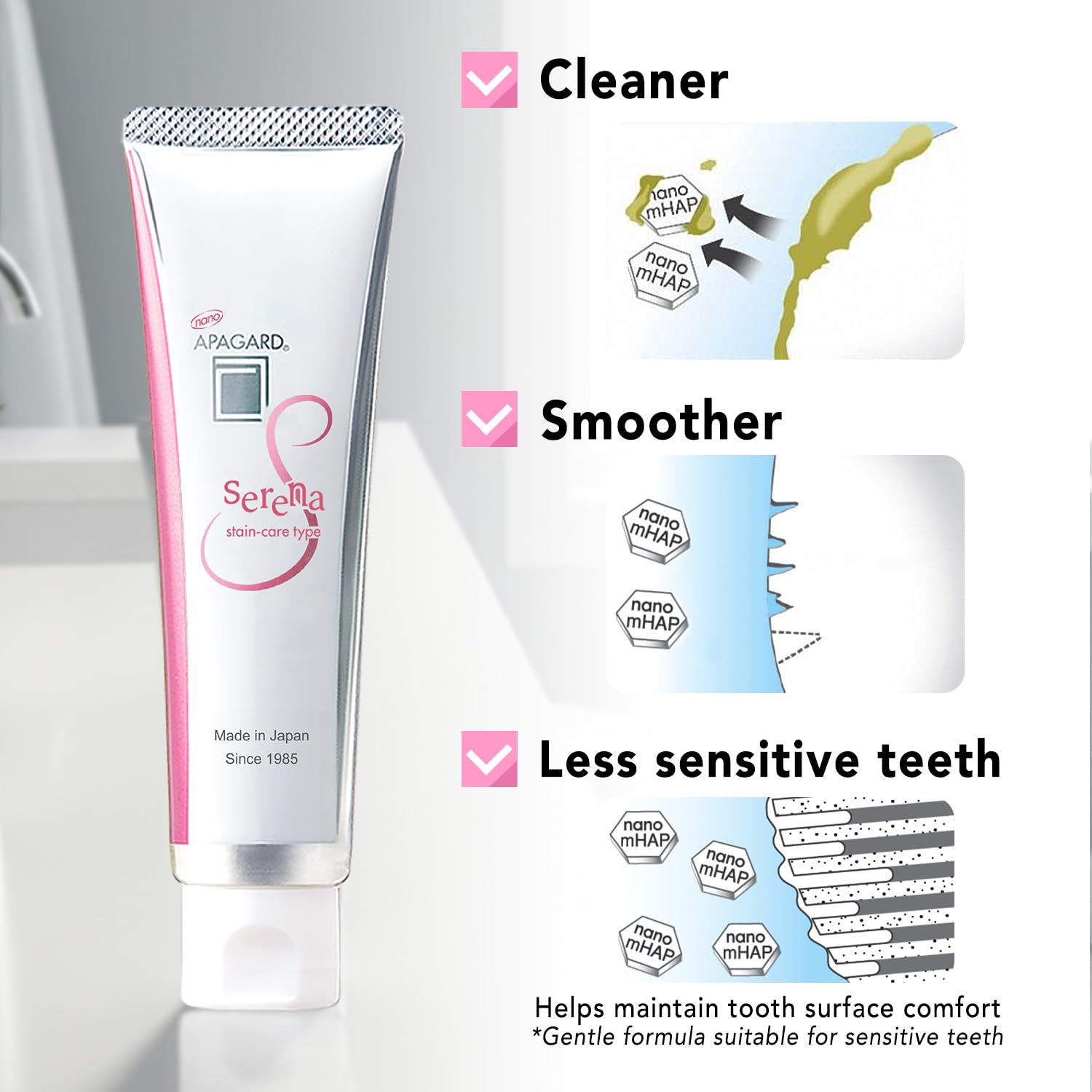APAGARD Serena efecto blanqueador suave sin fluoruro para un cuidado dental equilibrado.