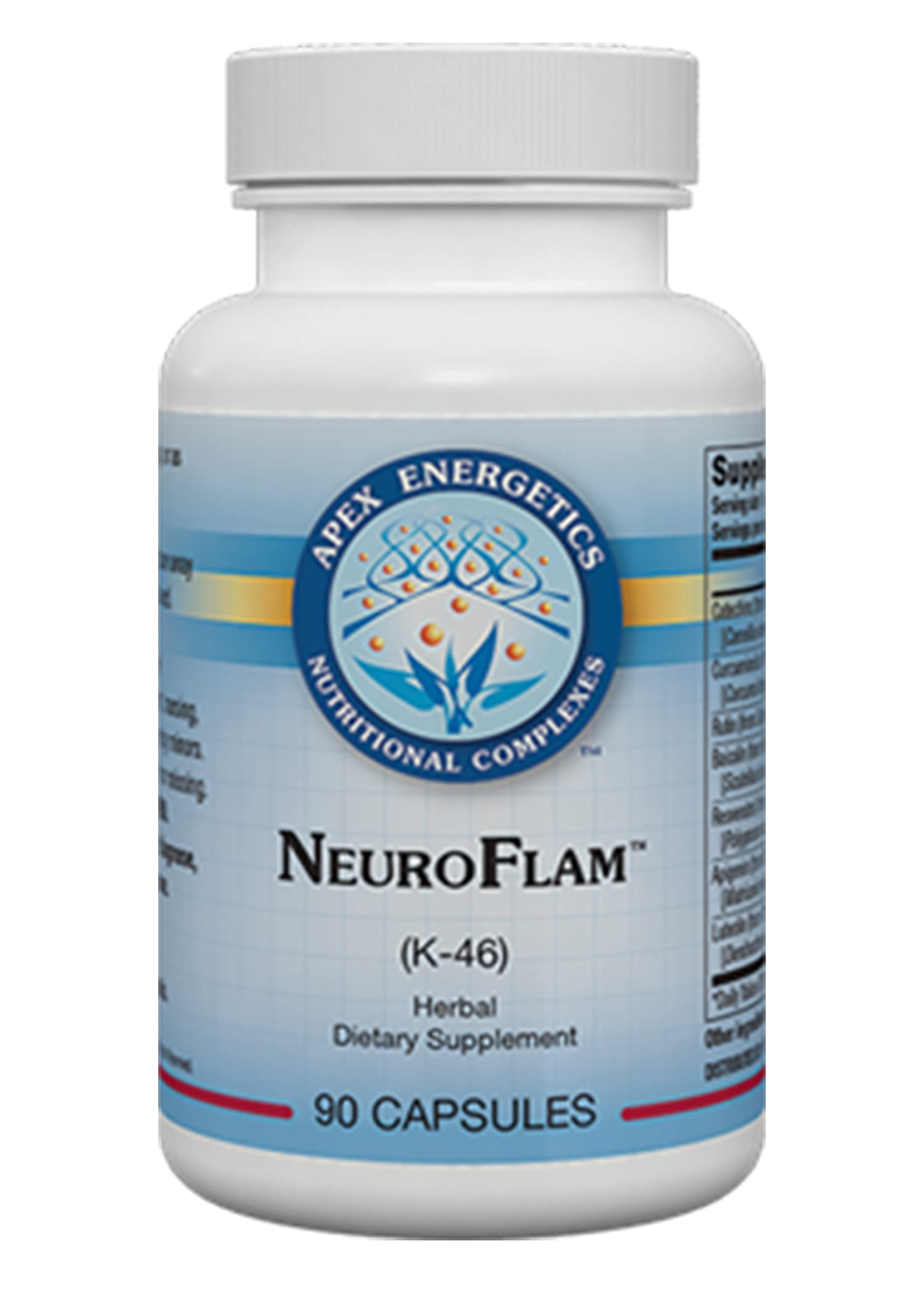 Apex Energetics NeuroFlam K46 cápsulas en frasco, apoyo al sistema inmunológico cerebral diario.