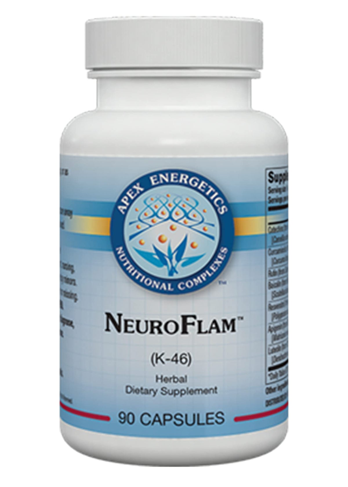 Apex Energetics NeuroFlam K46 cápsulas en frasco, apoyo al sistema inmunológico cerebral diario.
