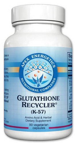 Apex Energetics Reciclador de Glutatión (K-57) 90 cápsulas, frasco en primer plano para apoyo celular.