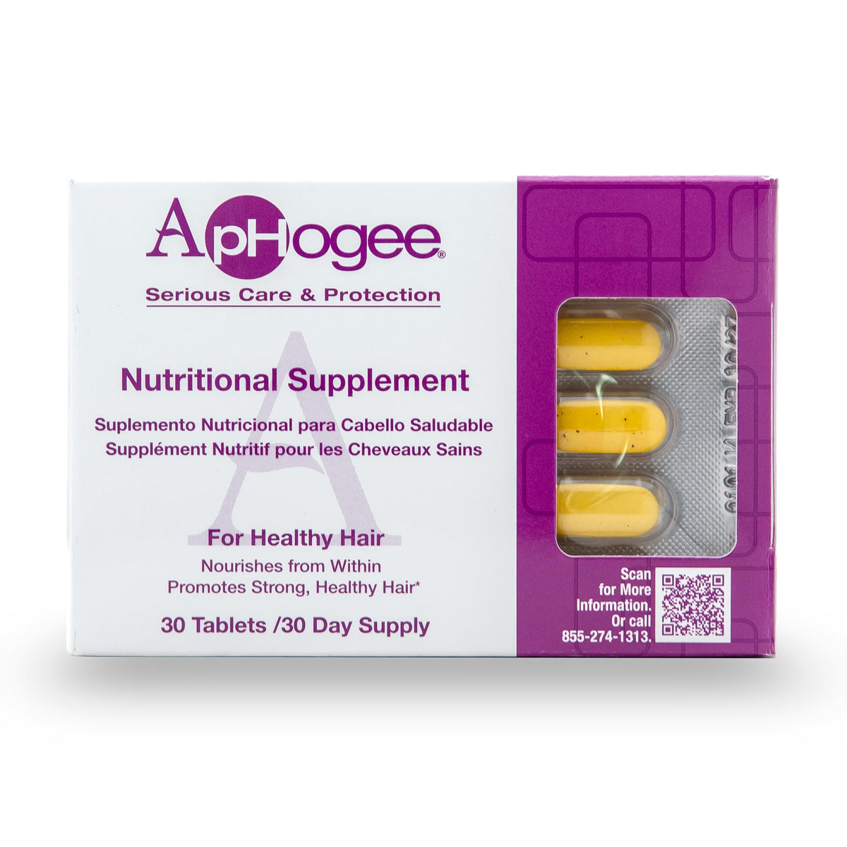 Aphogee suplemento para cabello, envase de tabletas, nutrición diaria para brillo.