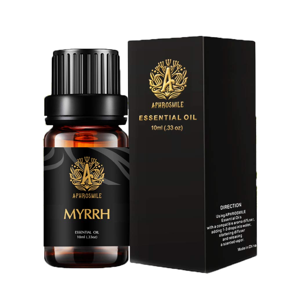 Aphrosmile Aceite de Mirra, botella de vidrio, ideal para difusor y aroma terroso calmante.