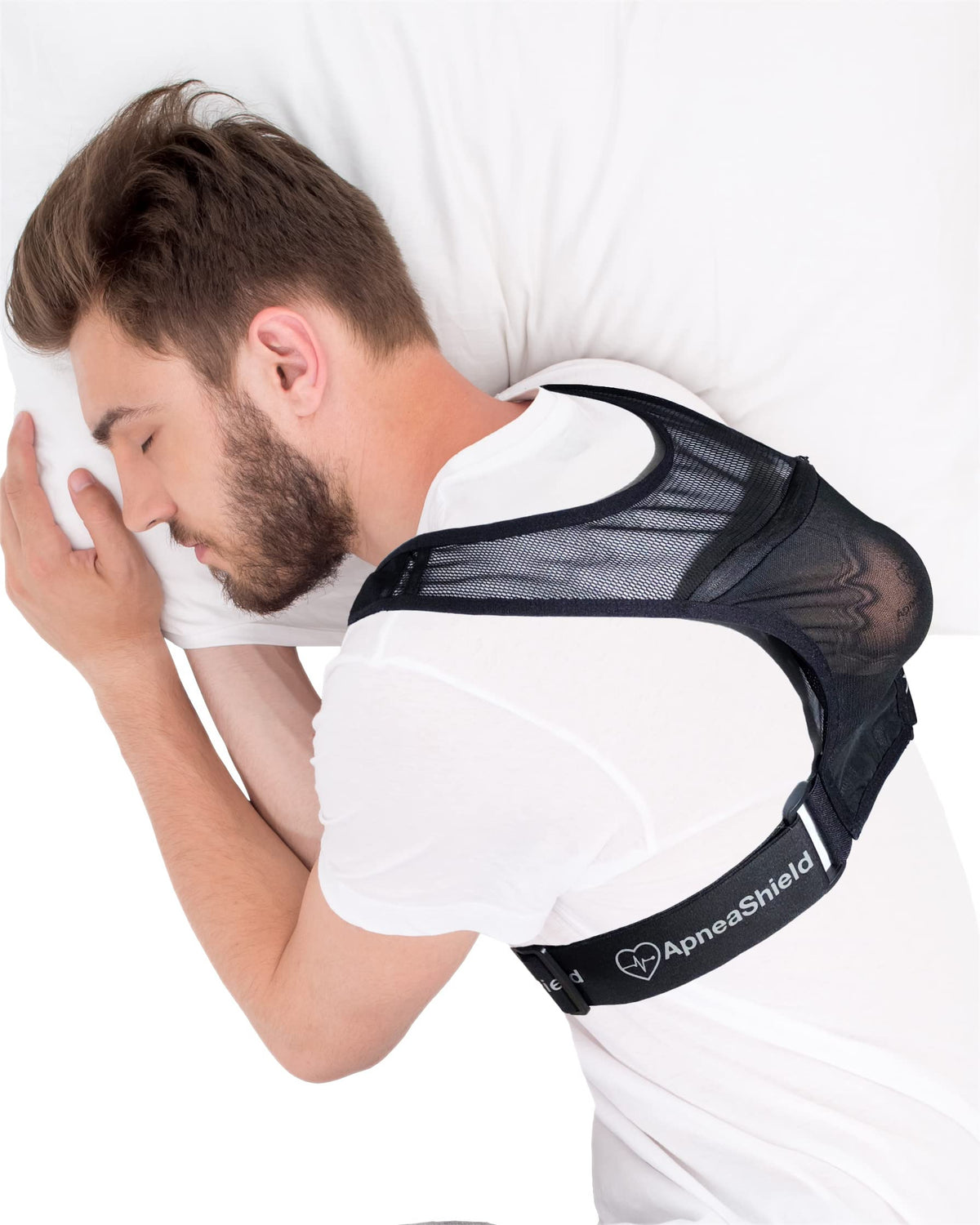 ApneaShield vest con apoyo espalda para dormir de lado.