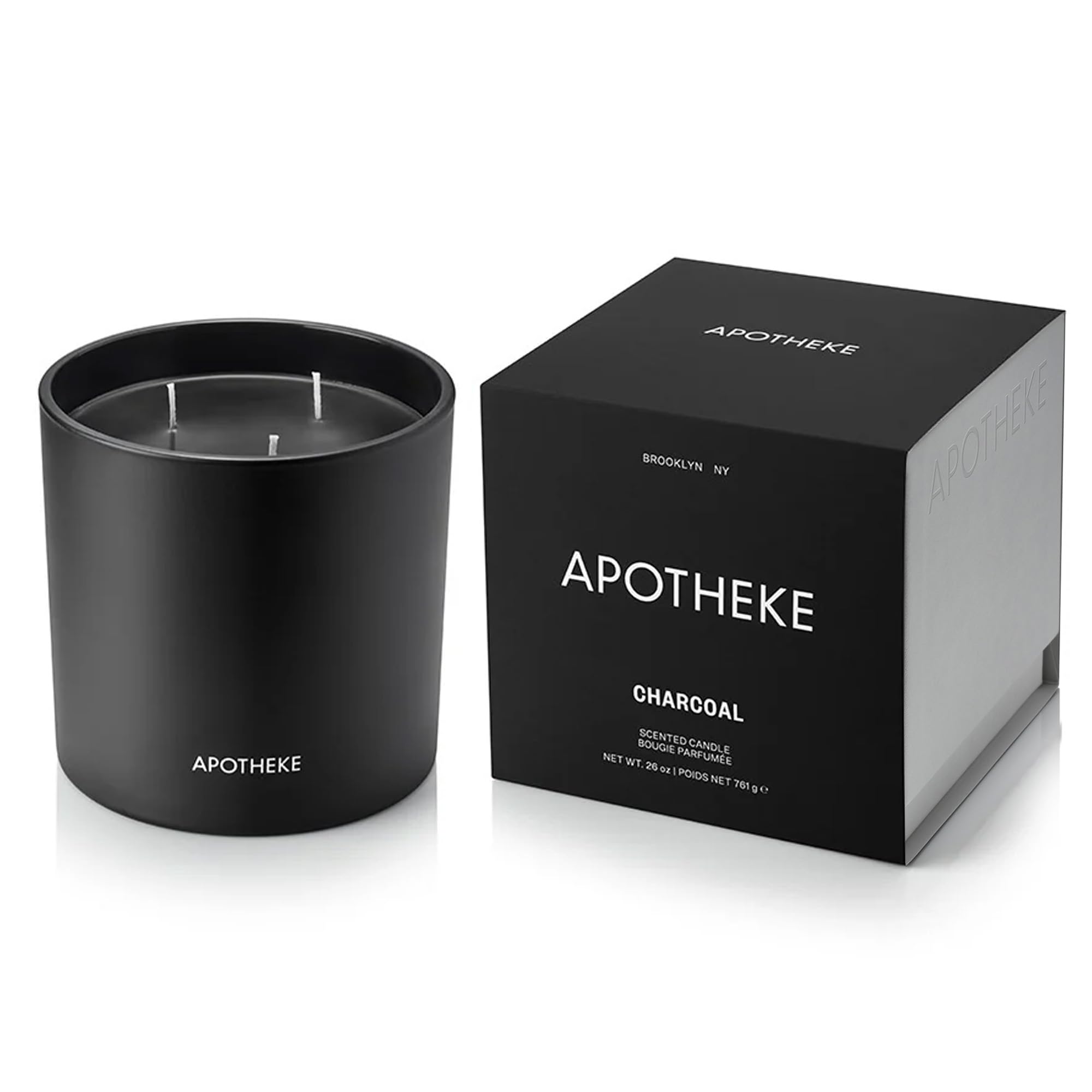 APOTHEKE vela carbón 3 mechas en vaso negro, aroma cálido para salón