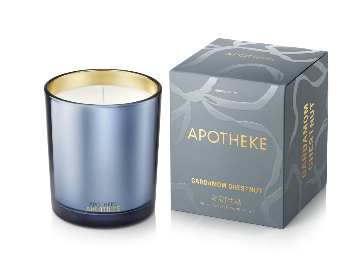 APOTHEKE Cardamom Chestnut Candle – 10.5 oz, Soy Wax, Non-Toxic, Blue Jar