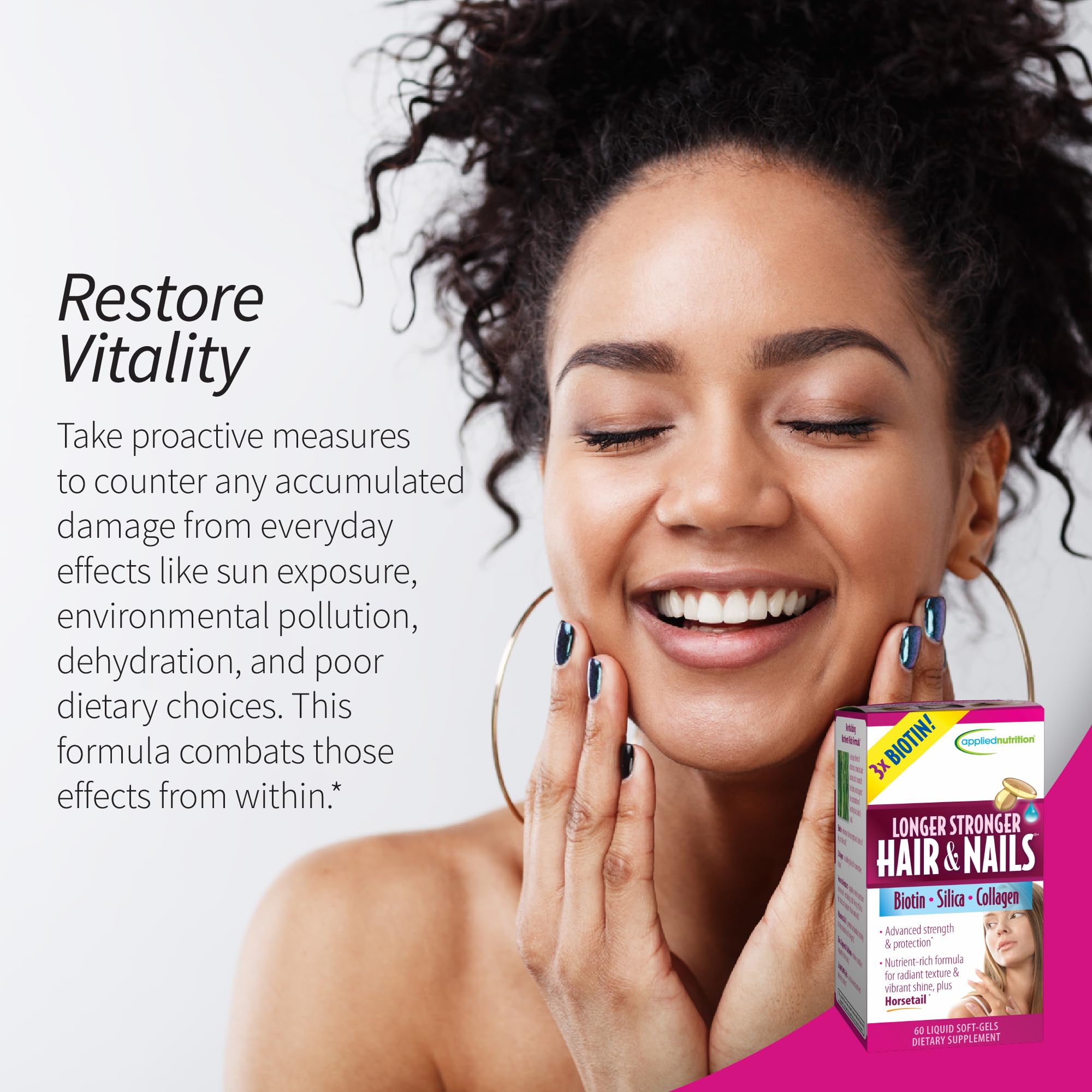 Applied Nutrition cabello brillo y uñas fuertes, primer plano de resultados visibles