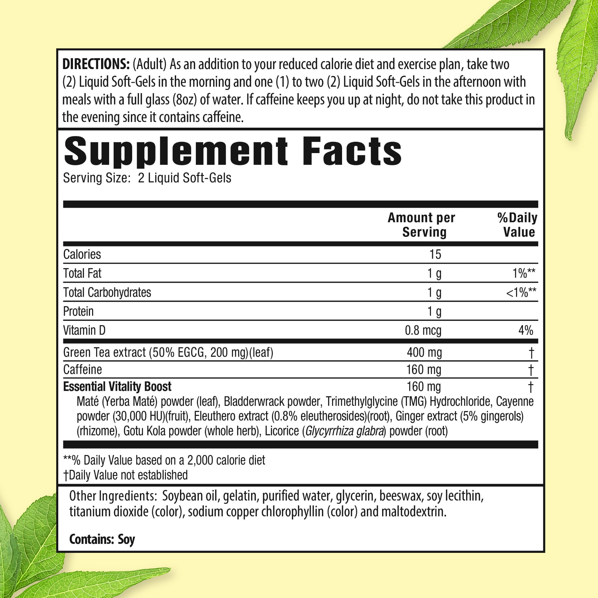 Etiqueta detallada de Applied Nutrition Green Tea Fat Burner, útil para verificar ingredientes y posibles beneficios.