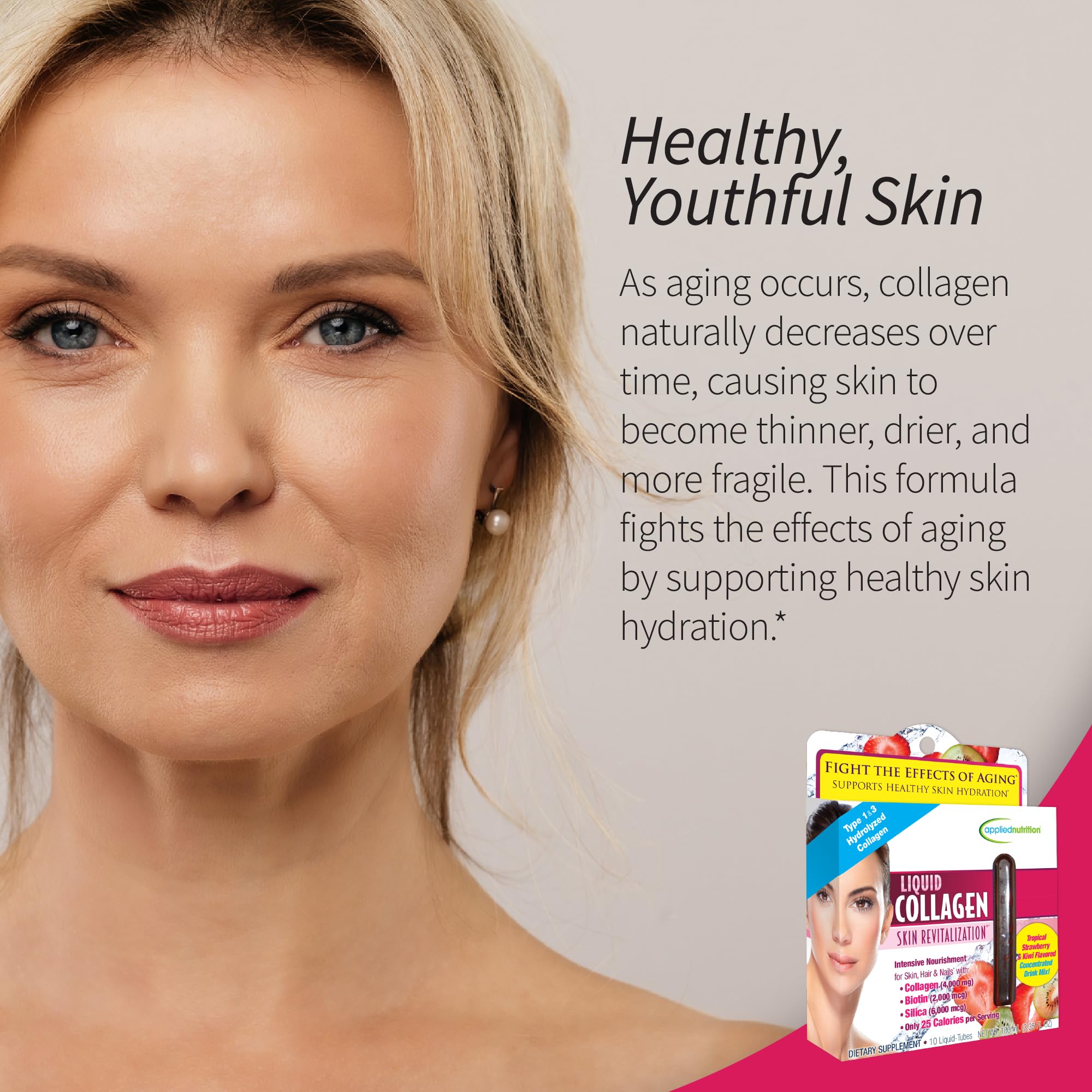 Applied Nutrition Liquid Collagen ingredientes clave: biotina y sílice para la piel.