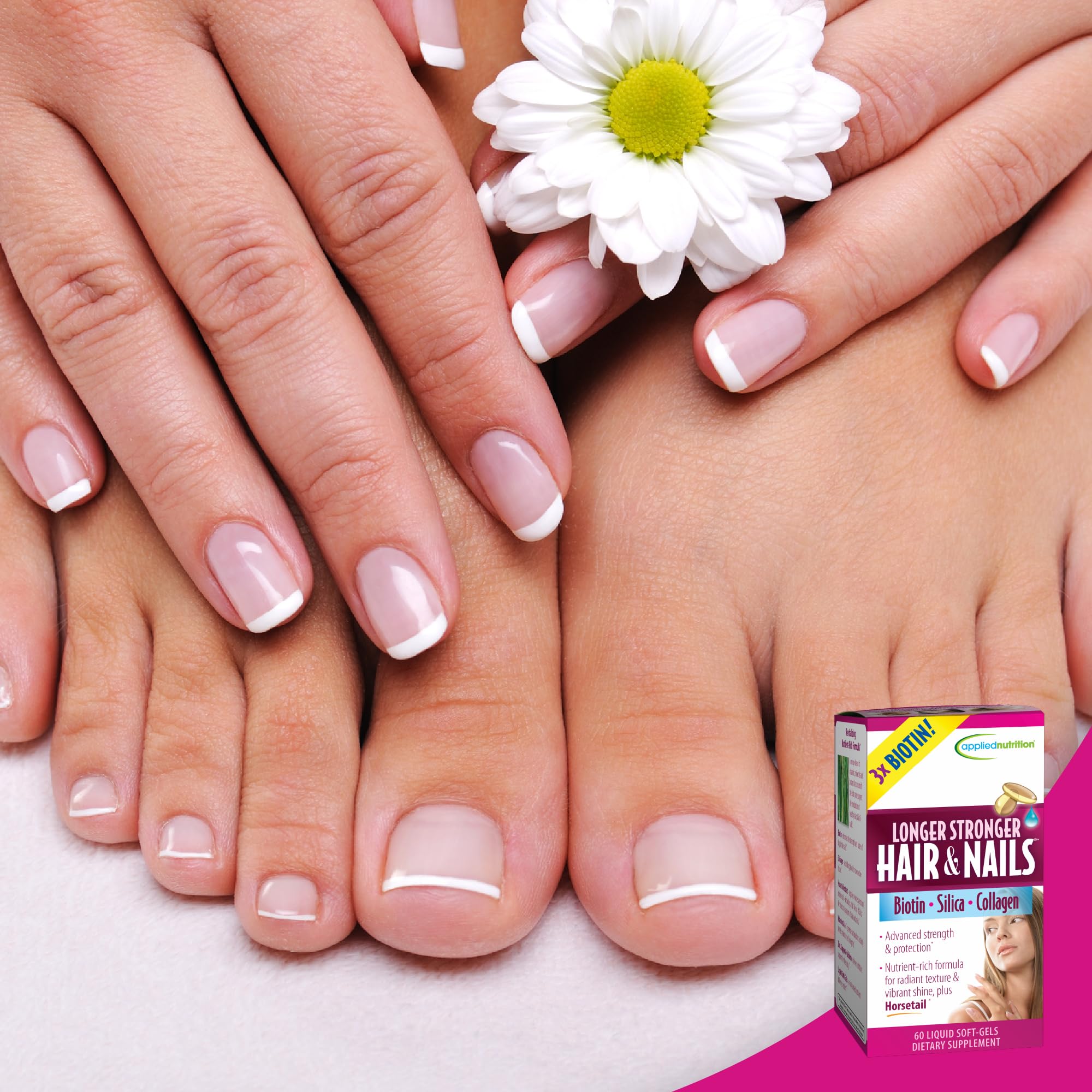 Applied Nutrition Longer Stronger Hair & Nails, escena de baño para rutina diaria.