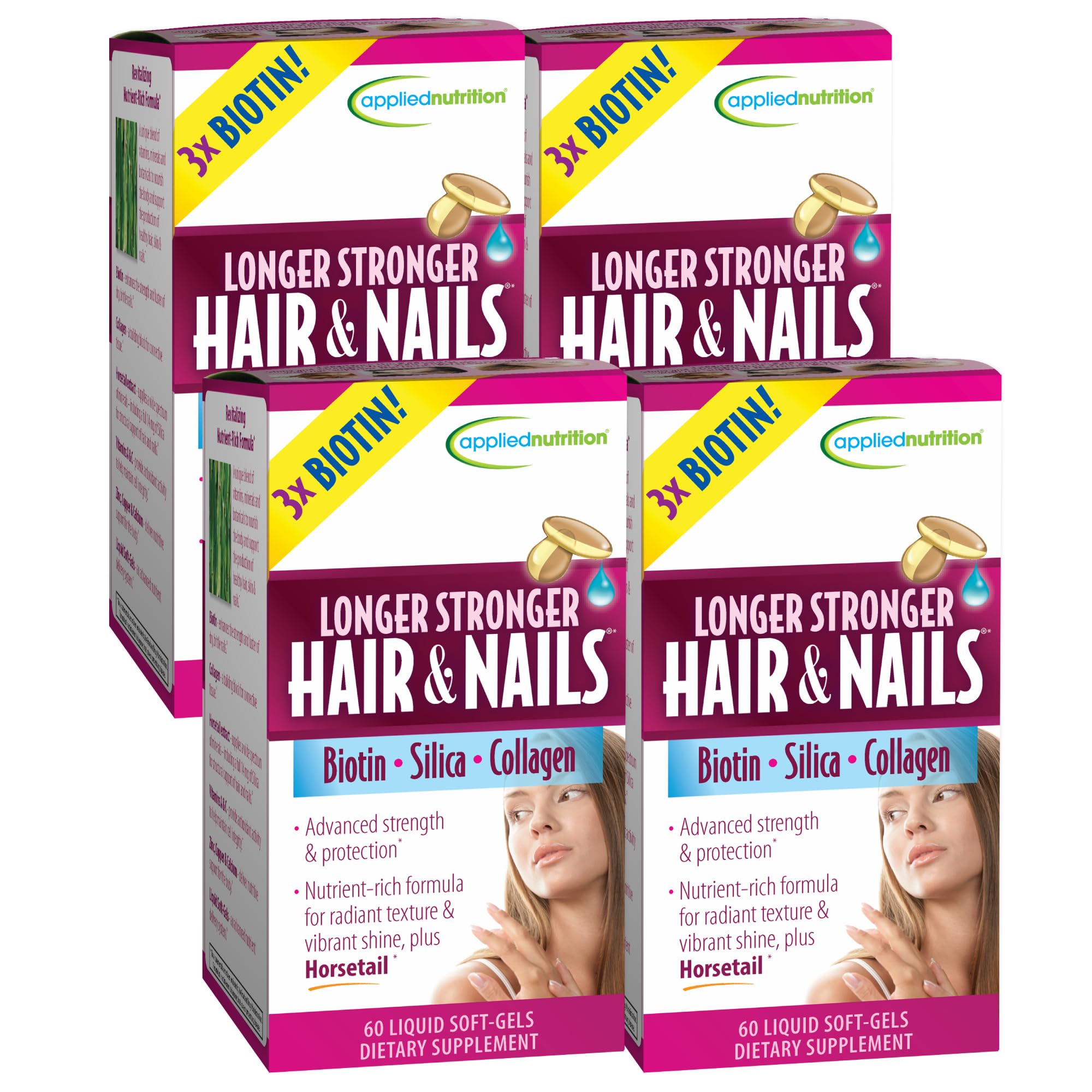 Applied Nutrition Longer Stronger Hair & Nails, frasco frontal que apoya cabello y uñas.
