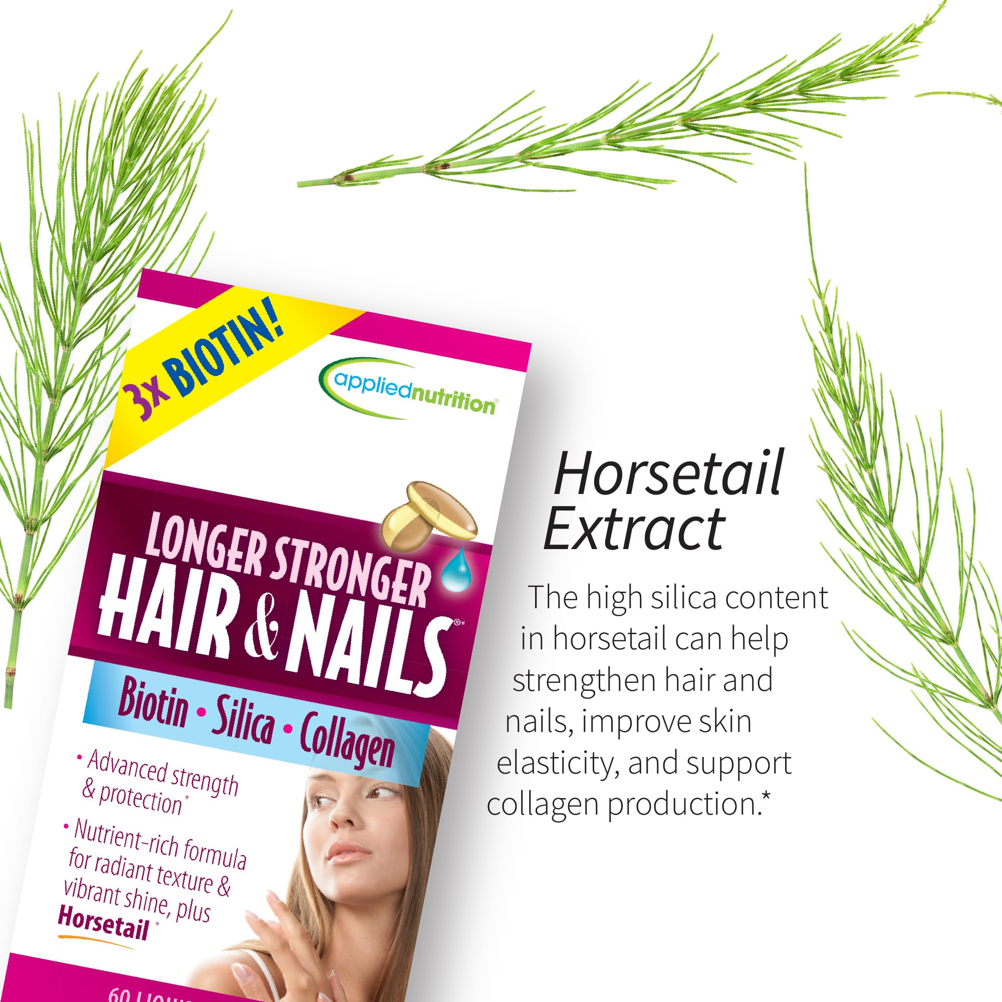 Applied Nutrition Longer Stronger Hair & Nails, pack de cuatro cajas.