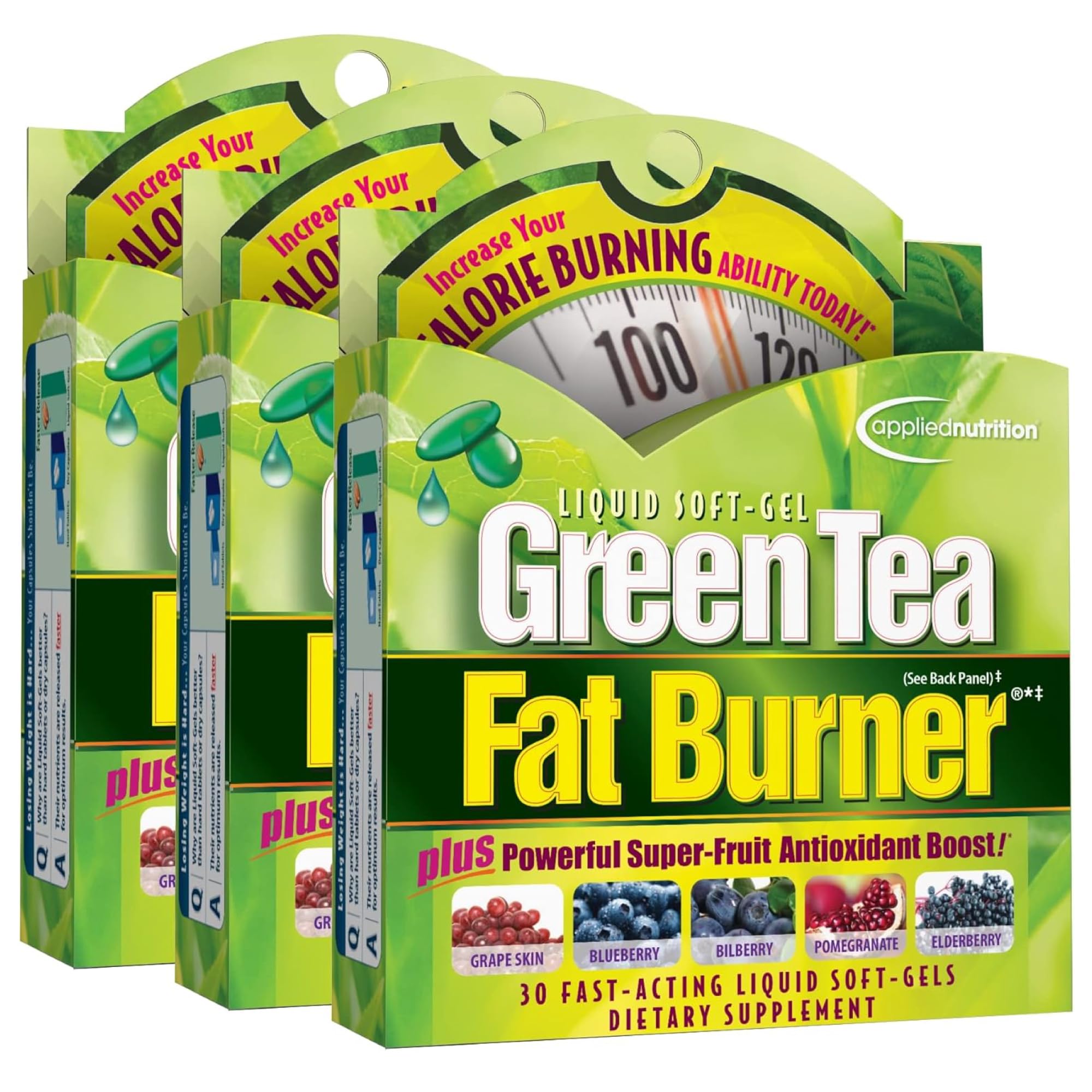 Applied Nutrition té verde quemador de grasa, frasco visible, posible apoyo a la quema de calorías.