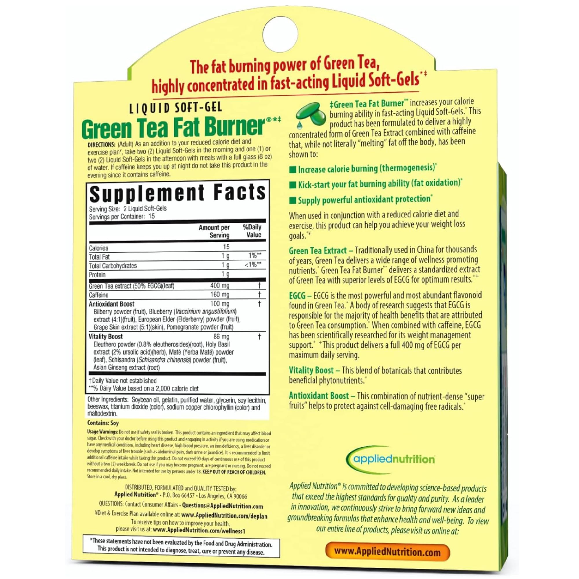 Applied Nutrition té verde quemador de grasa, uso recomendado para apoyar metas de bienestar.