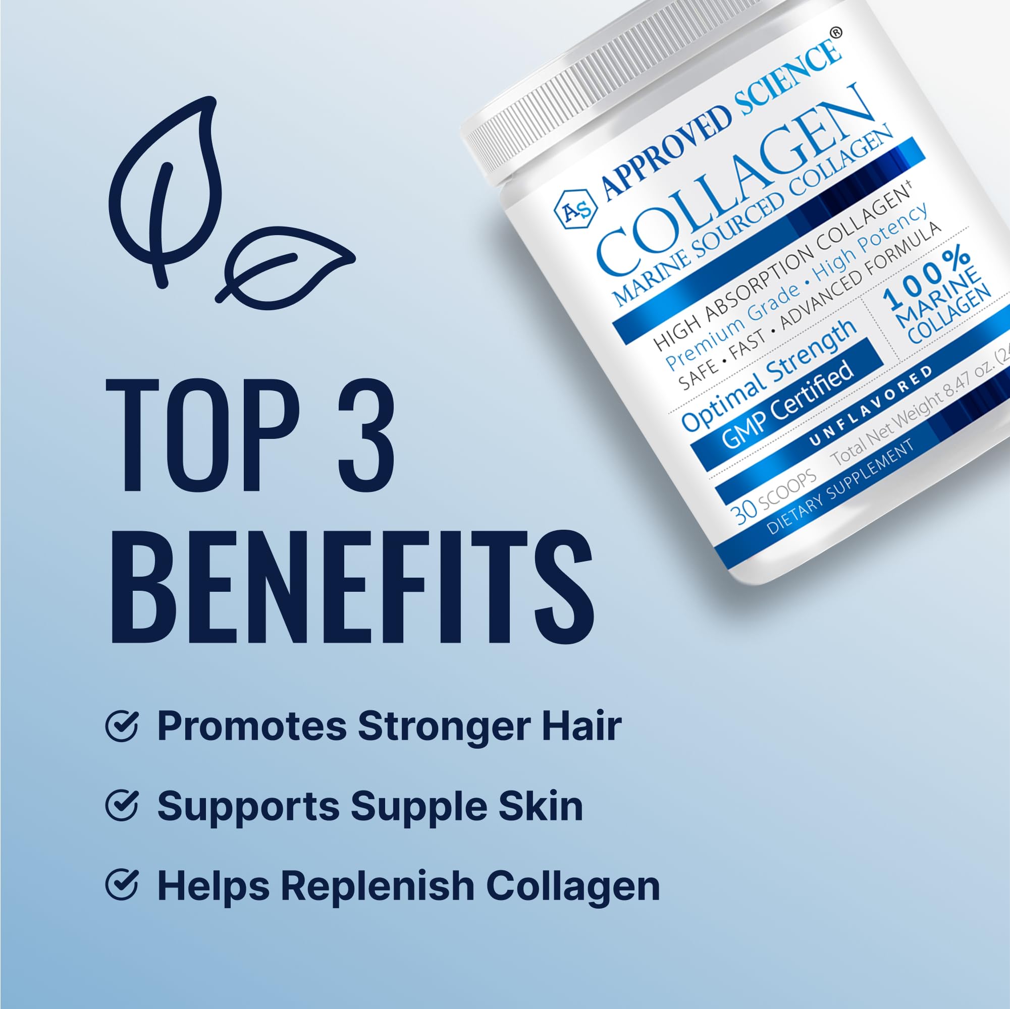 Approved Science Collagen Powder con cuchara medidora para dosis controladas en tu rutina.