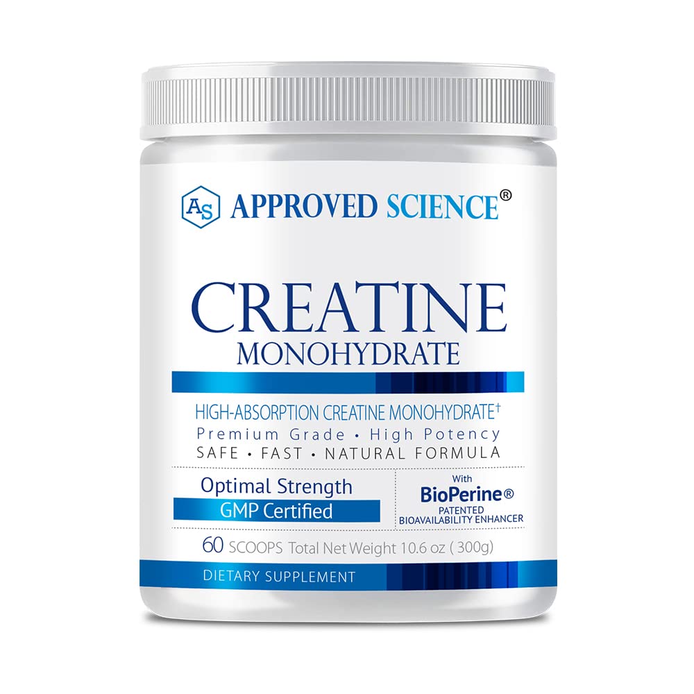 Approved Science Creatina Monohidrato en bote para rendimiento y recuperación muscular.