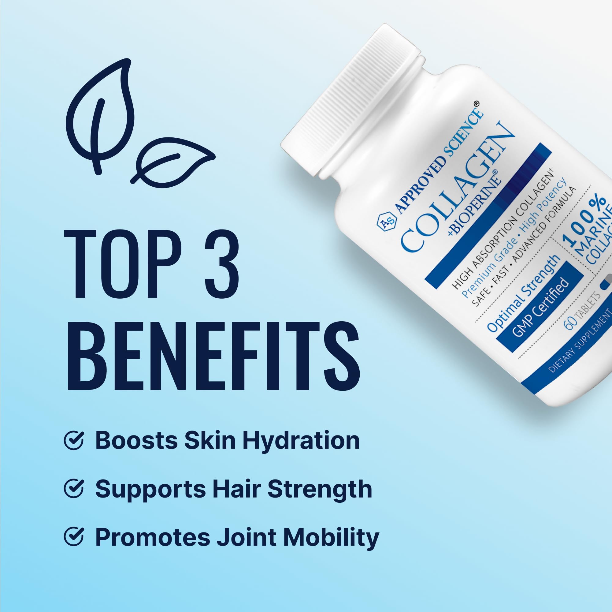 Etiqueta de Approved Science describe colágeno tipo I y III para uso diario.