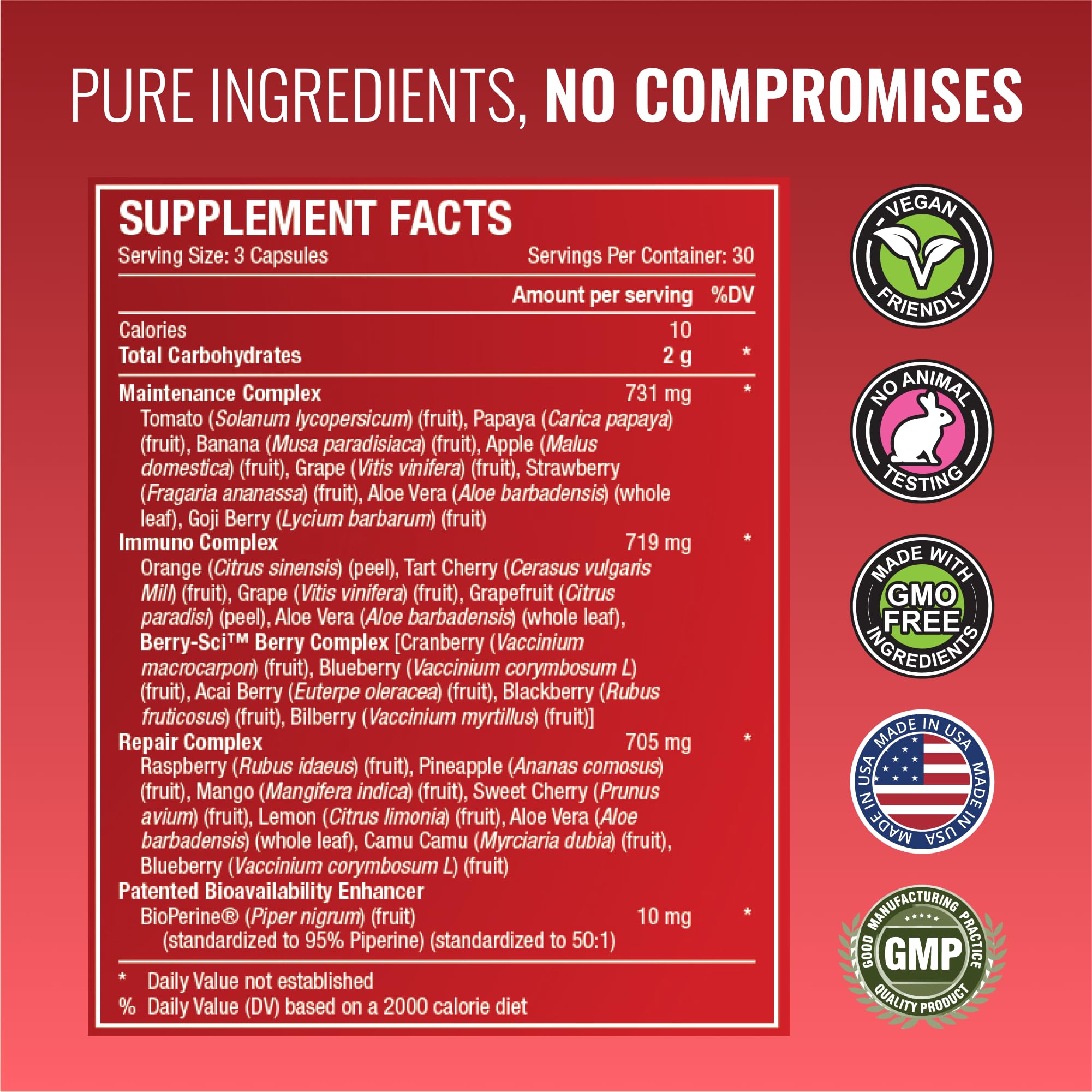 Arreglo colorido de frutas y verduras con cápsulas de Approved Science