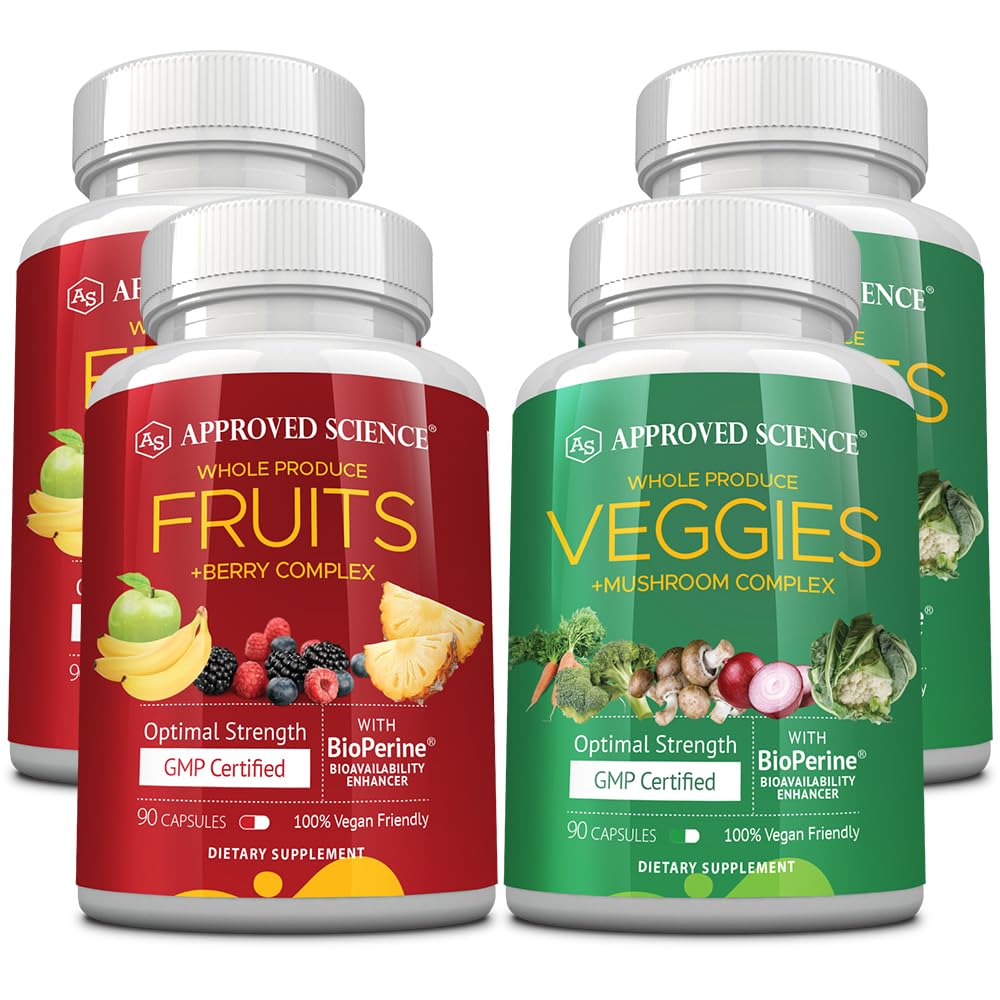 Approved Science Frutas y Verduras: botella vertiendo cápsulas para apoyo diario de micronutrientes.