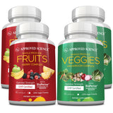 Approved Science Frutas y Verduras: botella vertiendo cápsulas para apoyo diario de micronutrientes.