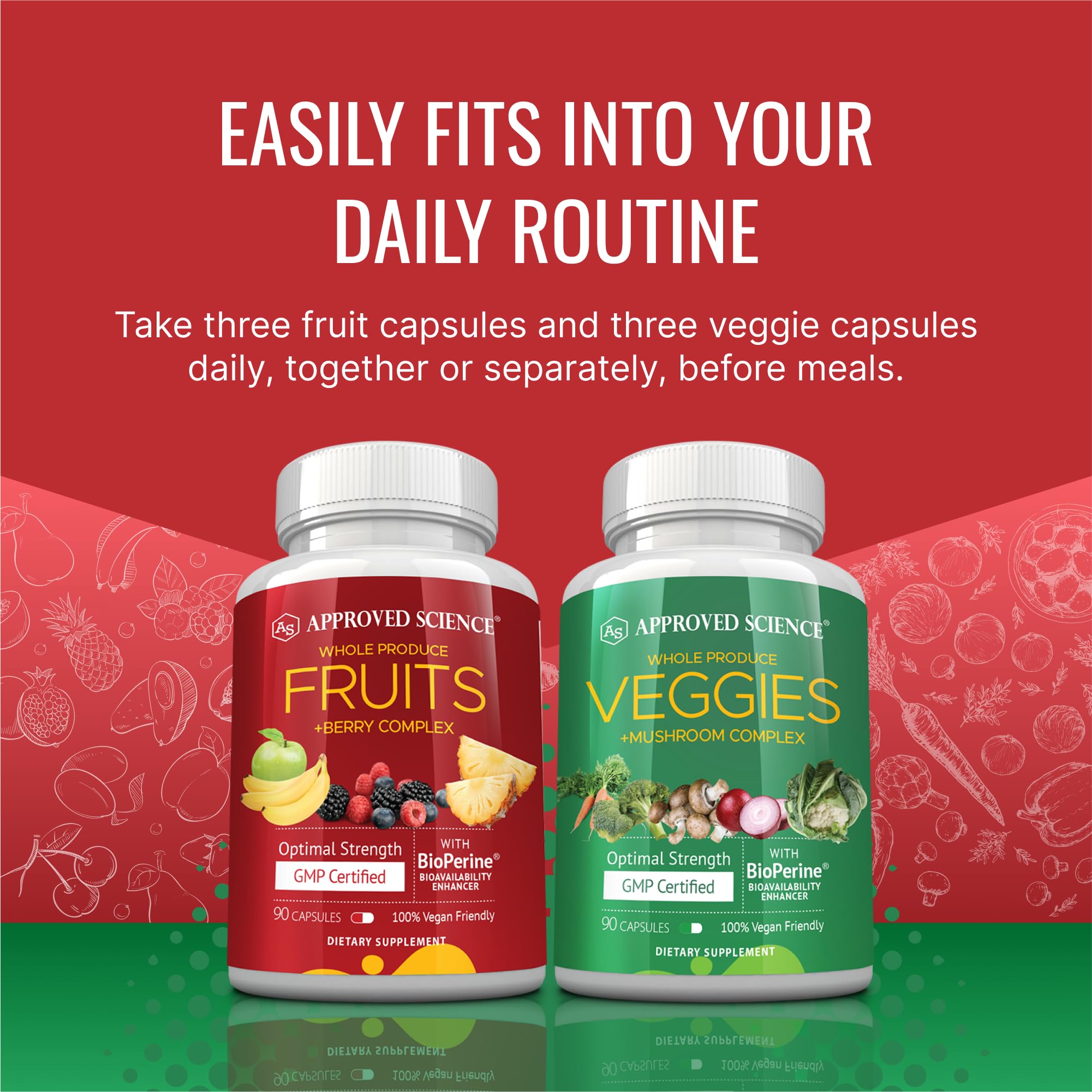 Approved Science Frutas y Verduras: antioxidantes y fibra para soporte digestivo.