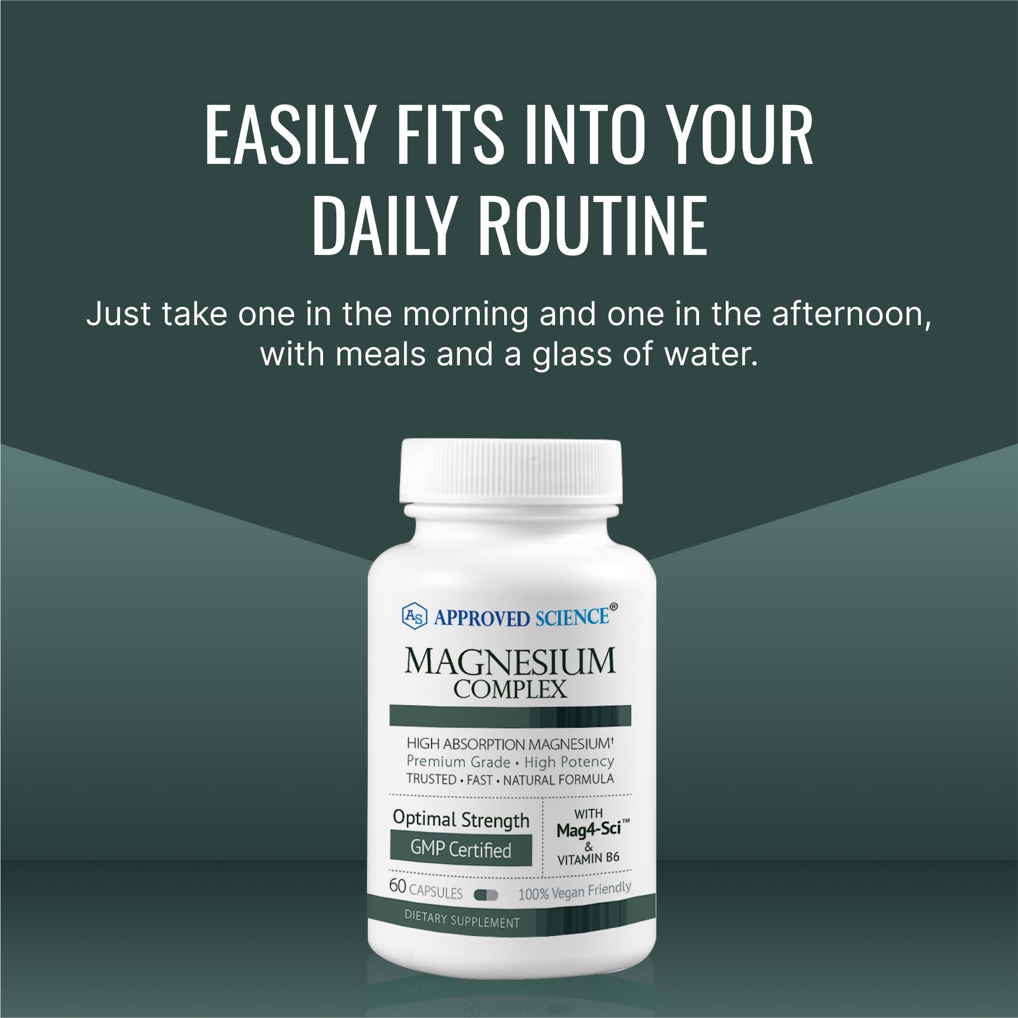 Approved Science Magnesium Complex — embalaje sostenible, opción vegana y libre de OGM.