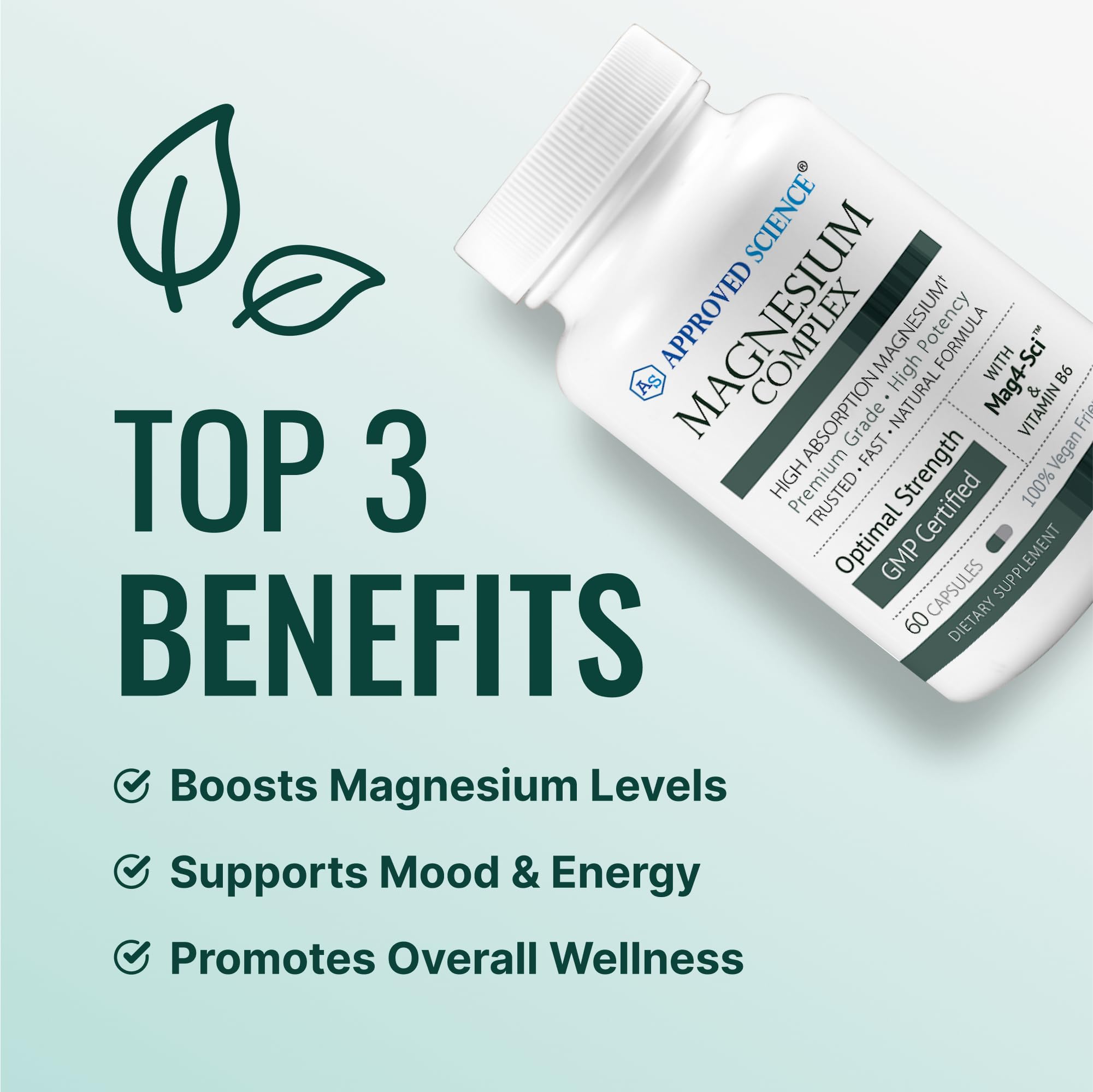 Approved Science Magnesium Complex — etiqueta detallada con ingredientes y beneficios potenciales.