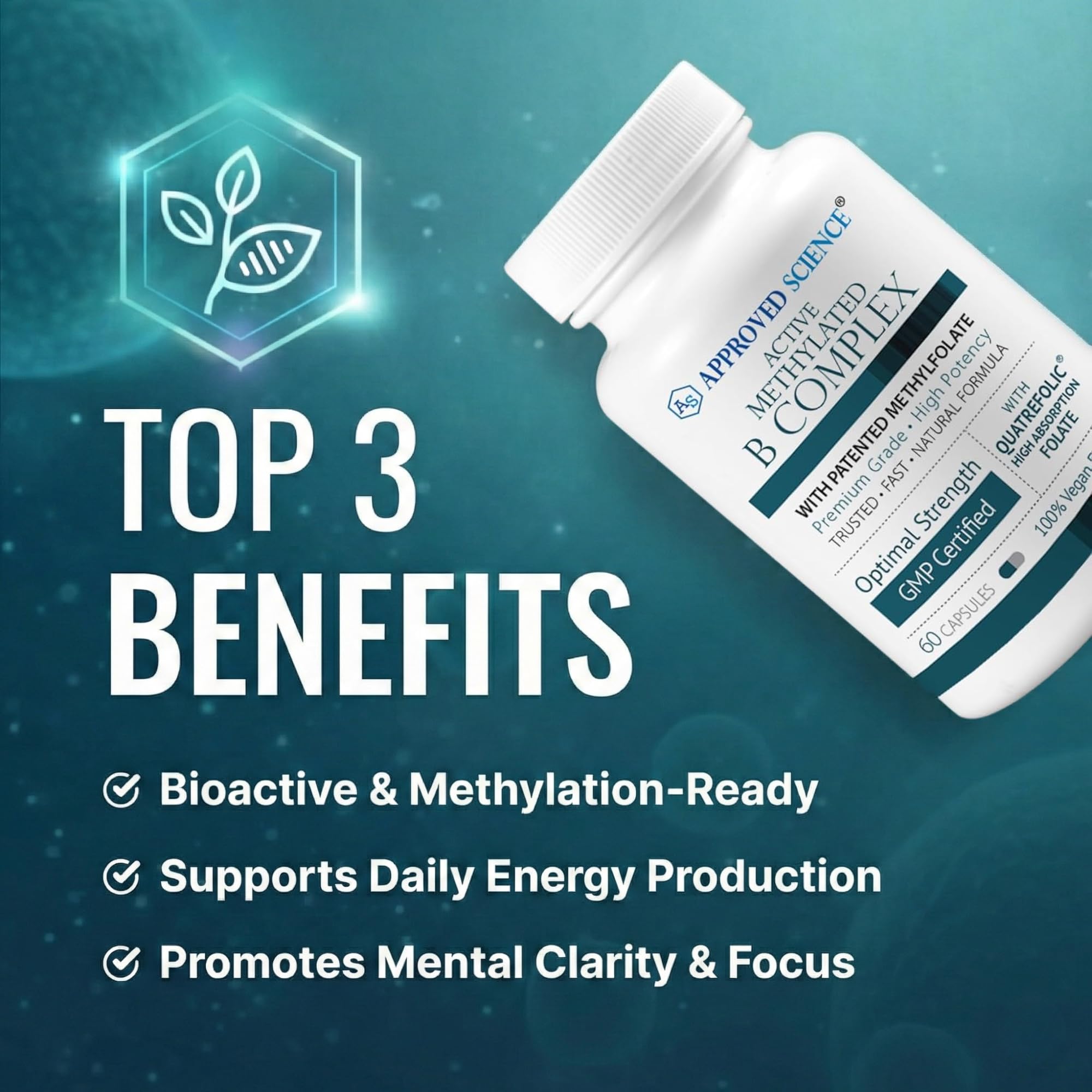 Approved Science Methylated B Complex: cápsulas espalda, fórmula bioactiva y estable.