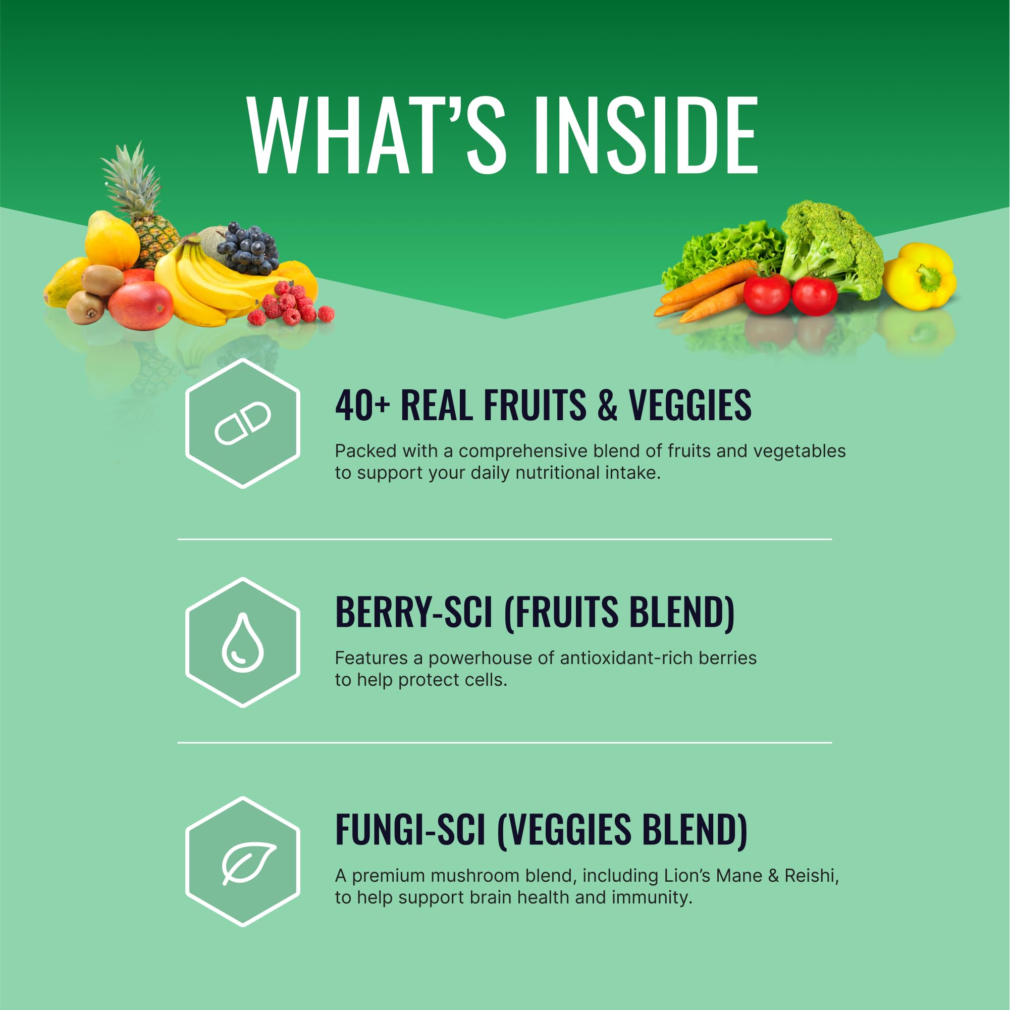 Mezcla de 21 frutas y 21 verduras de Approved Science para diversidad de nutrientes.