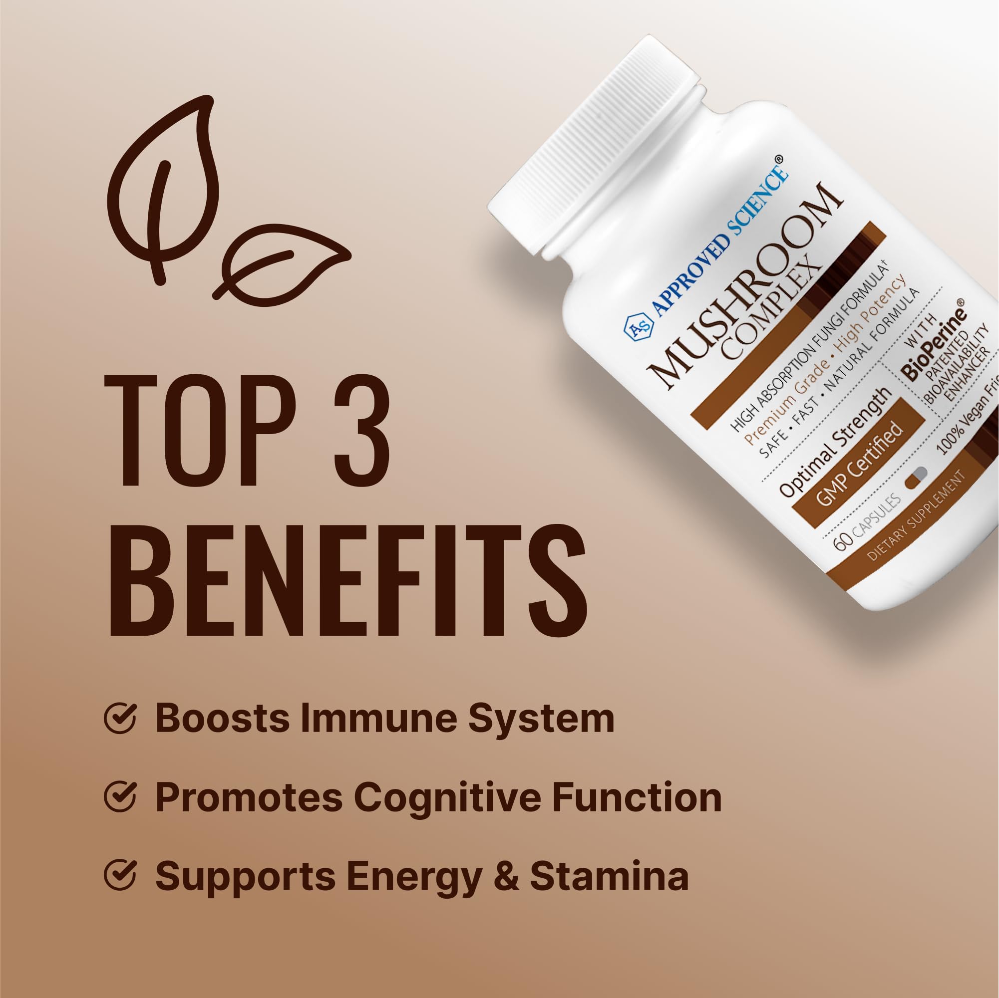 Approved Science Mushroom Complex, enfoque en salud general y bienestar diario.