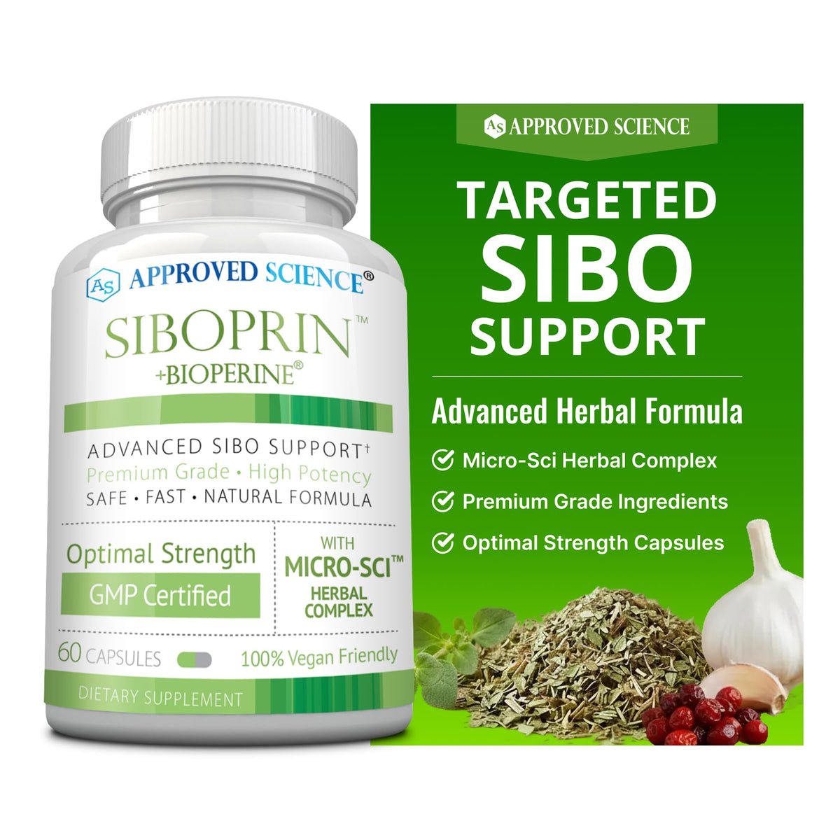 Approved Science Siboprin: frasco de cápsulas para apoyar el equilibrio intestinal.