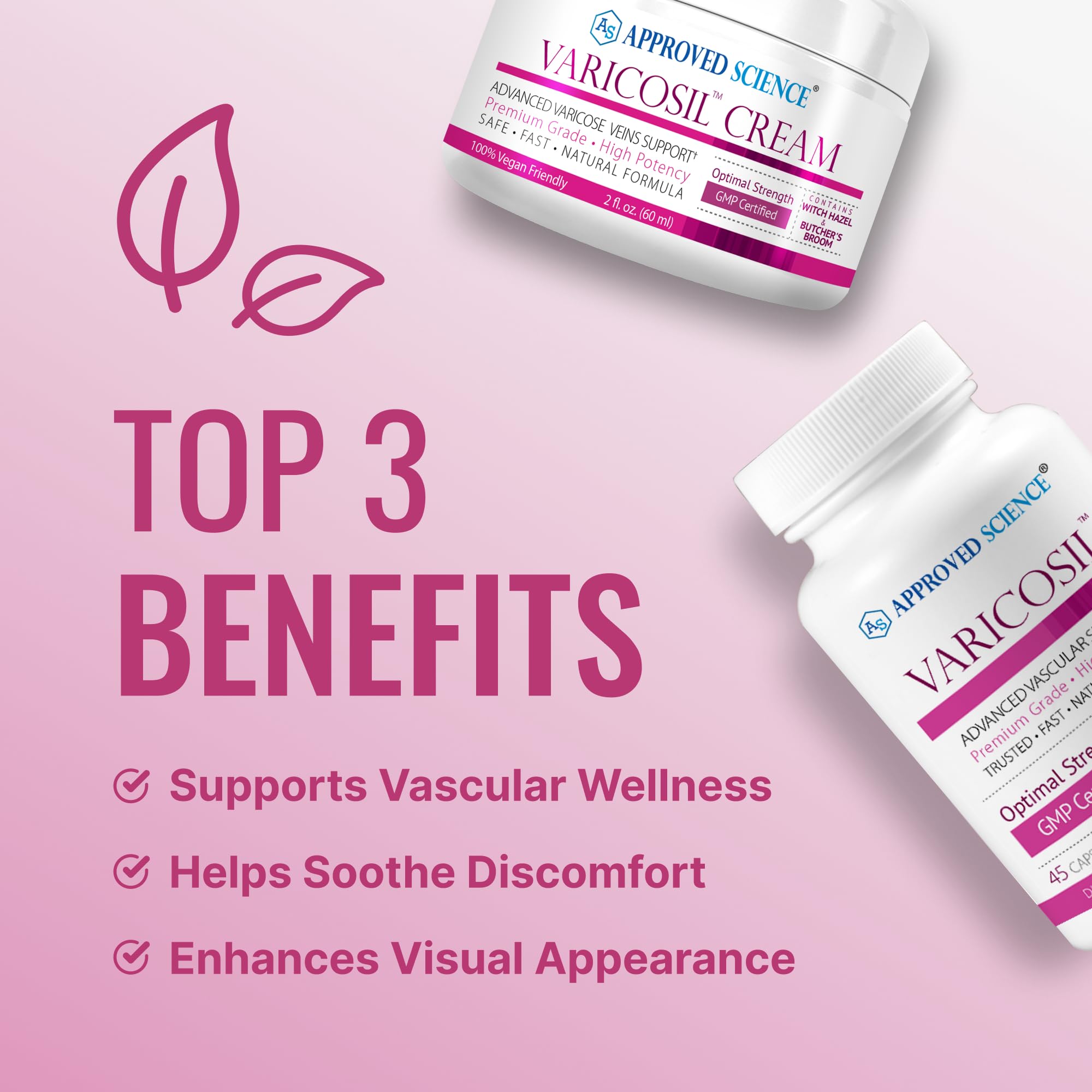 Varicosil Approved Science: empaque visual que destaca el dúo cápsulas y crema.