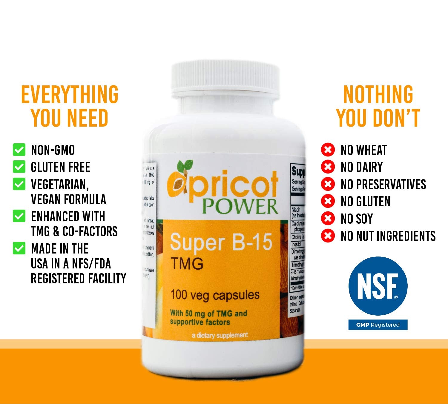 Apricot Power Super B-15: etiqueta detallada con ingredientes y beneficios.