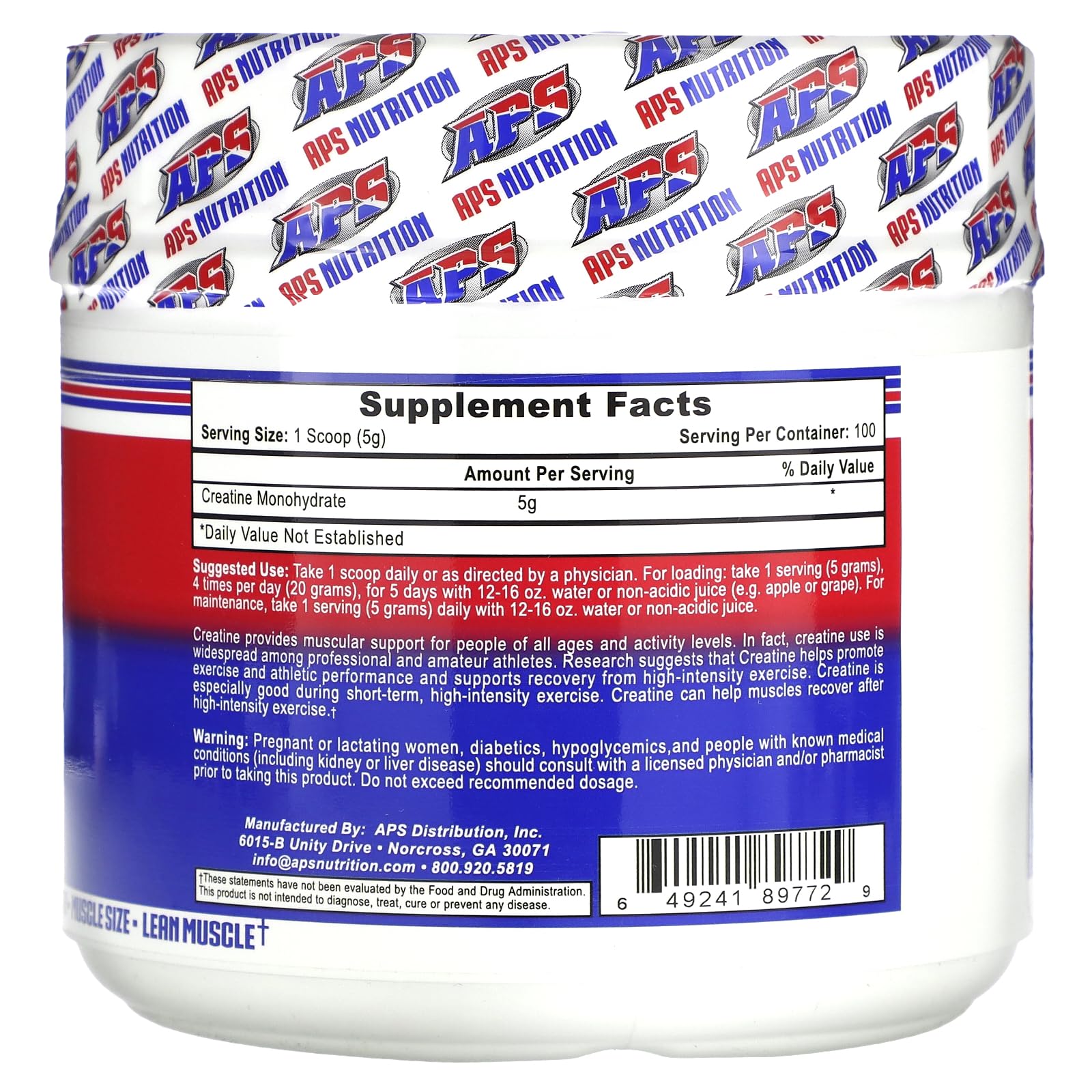 APS Nutrition Creatina Monohidrato Pura, en mano, ideal para uso previo o post entrenamiento