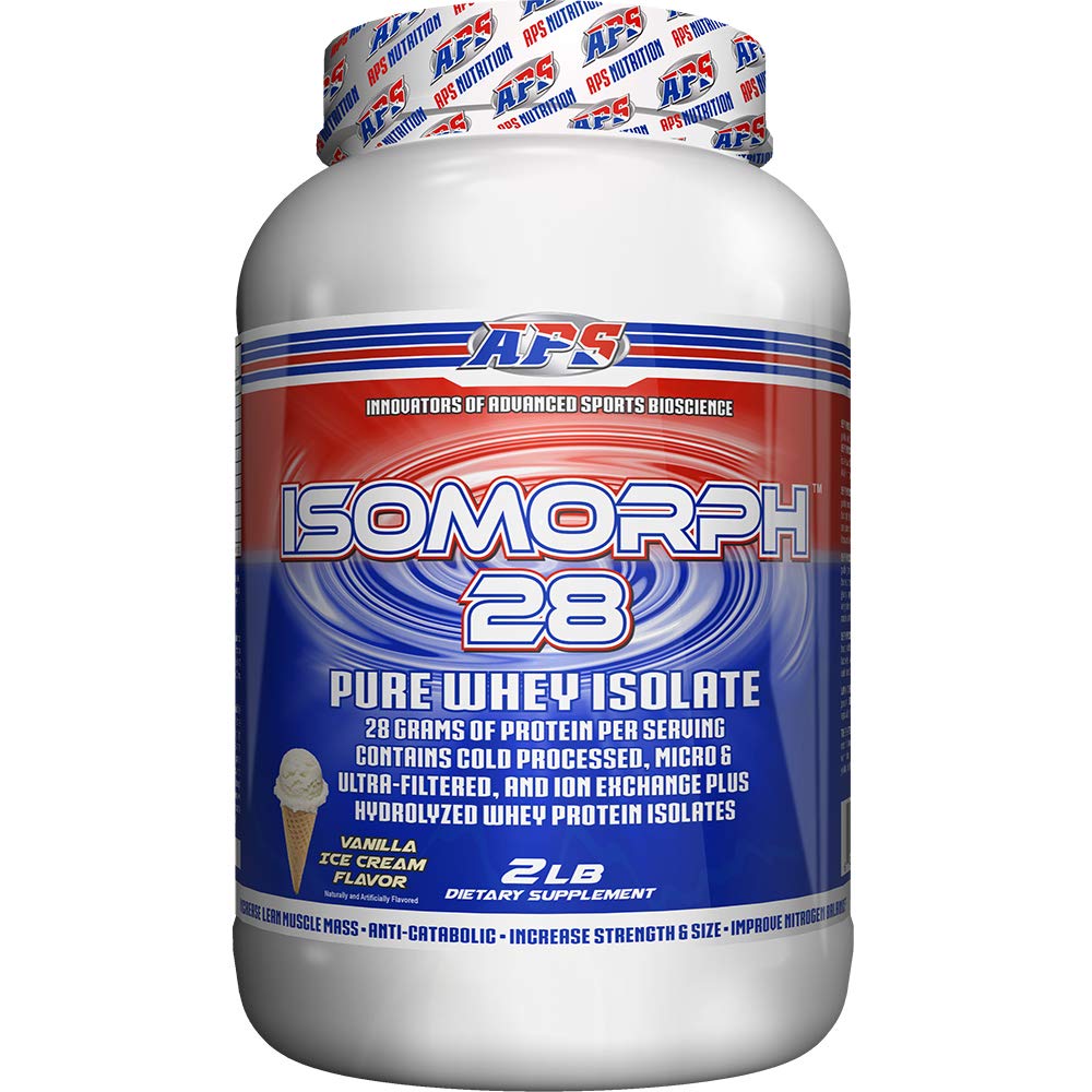 IsoMorph 28 de APS Nutrition, proteína aislada sabor vainilla, rápida asimilación para entrenamientos.