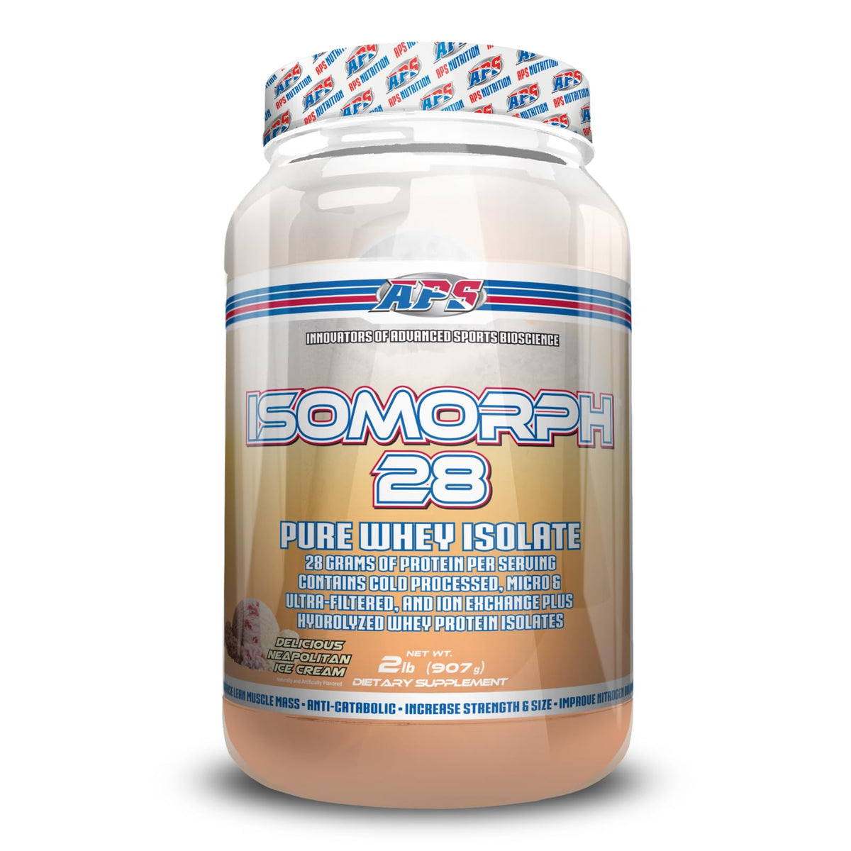 Isomorph28 de APS Nutrition, lata Neapolitano, proteína de calidad para entrenamientos