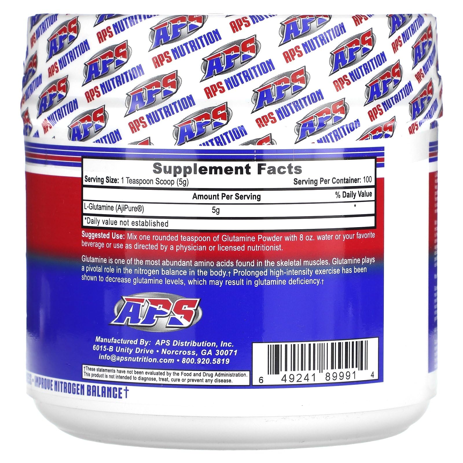 APS Nutrition L-Glutamina 500 g, envase práctico para uso diario