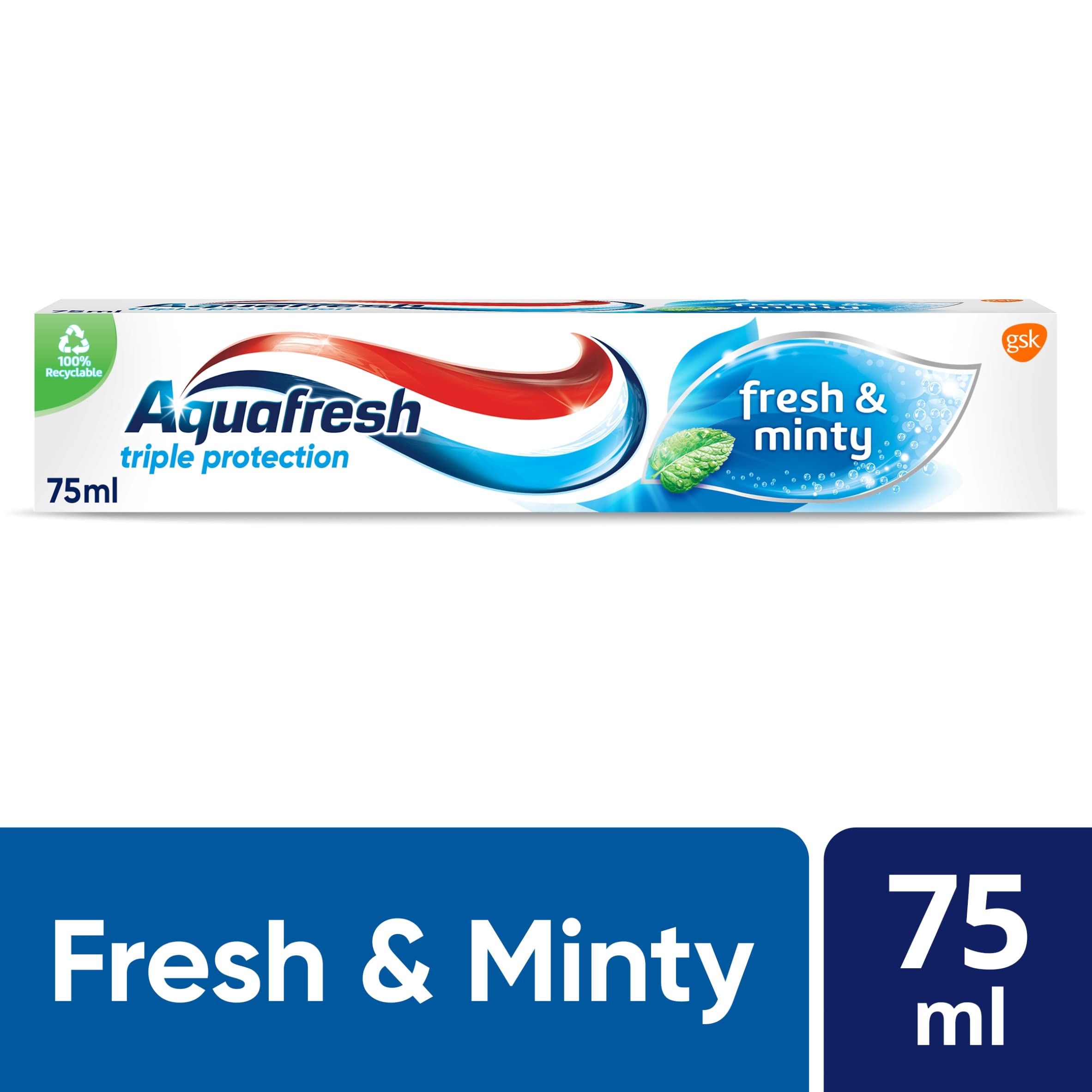 Aquafresh pasta dental fresca mentolada para aliento más limpio durante el día.