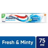 Aquafresh pasta dental fresca mentolada para aliento más limpio durante el día.