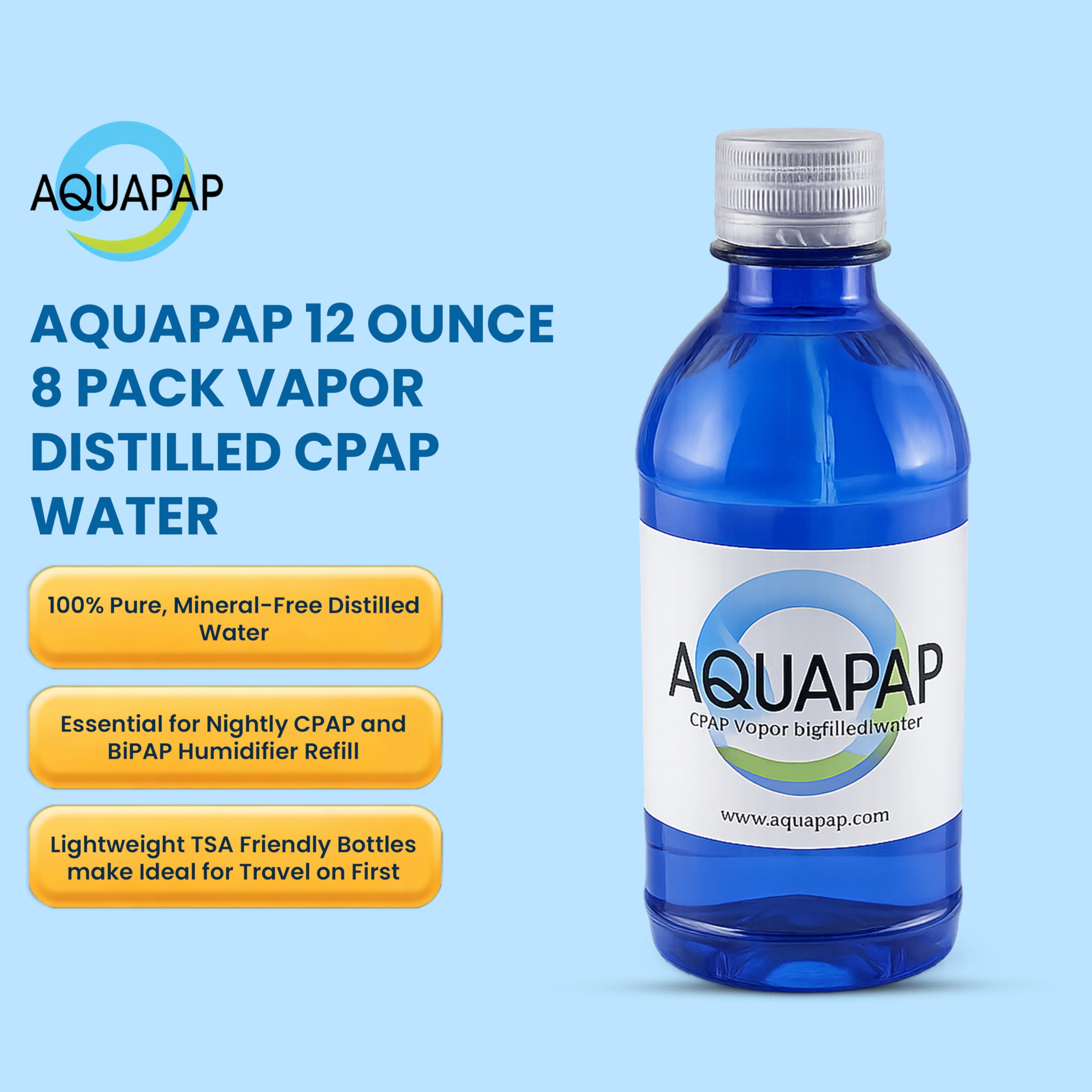 Aquapap: Botella azul cobalto filtrada UV, mantiene el agua limpia.