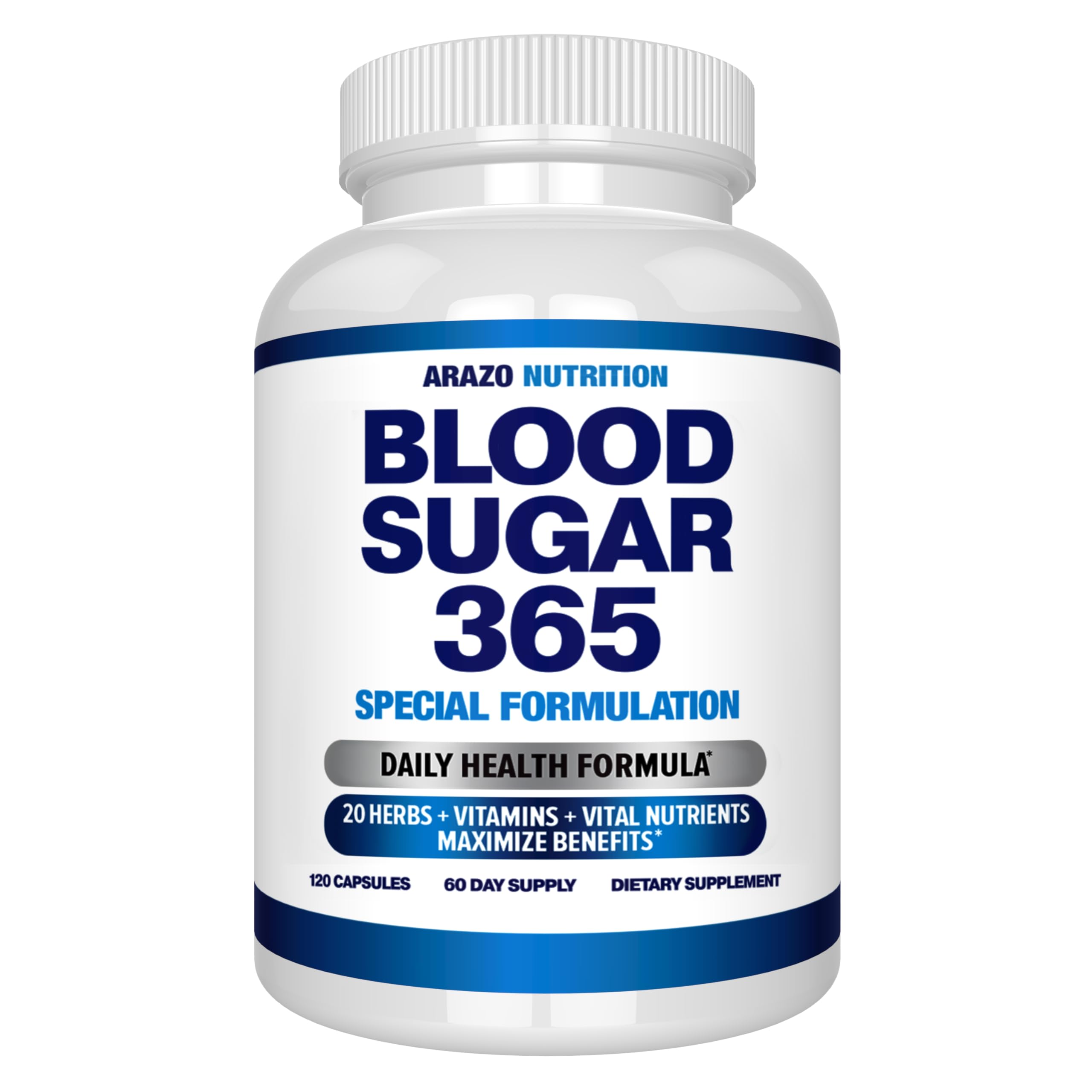 Arazo Nutrition Blood Sugar 365: botella frontal con cápsulas para energía sostenida.