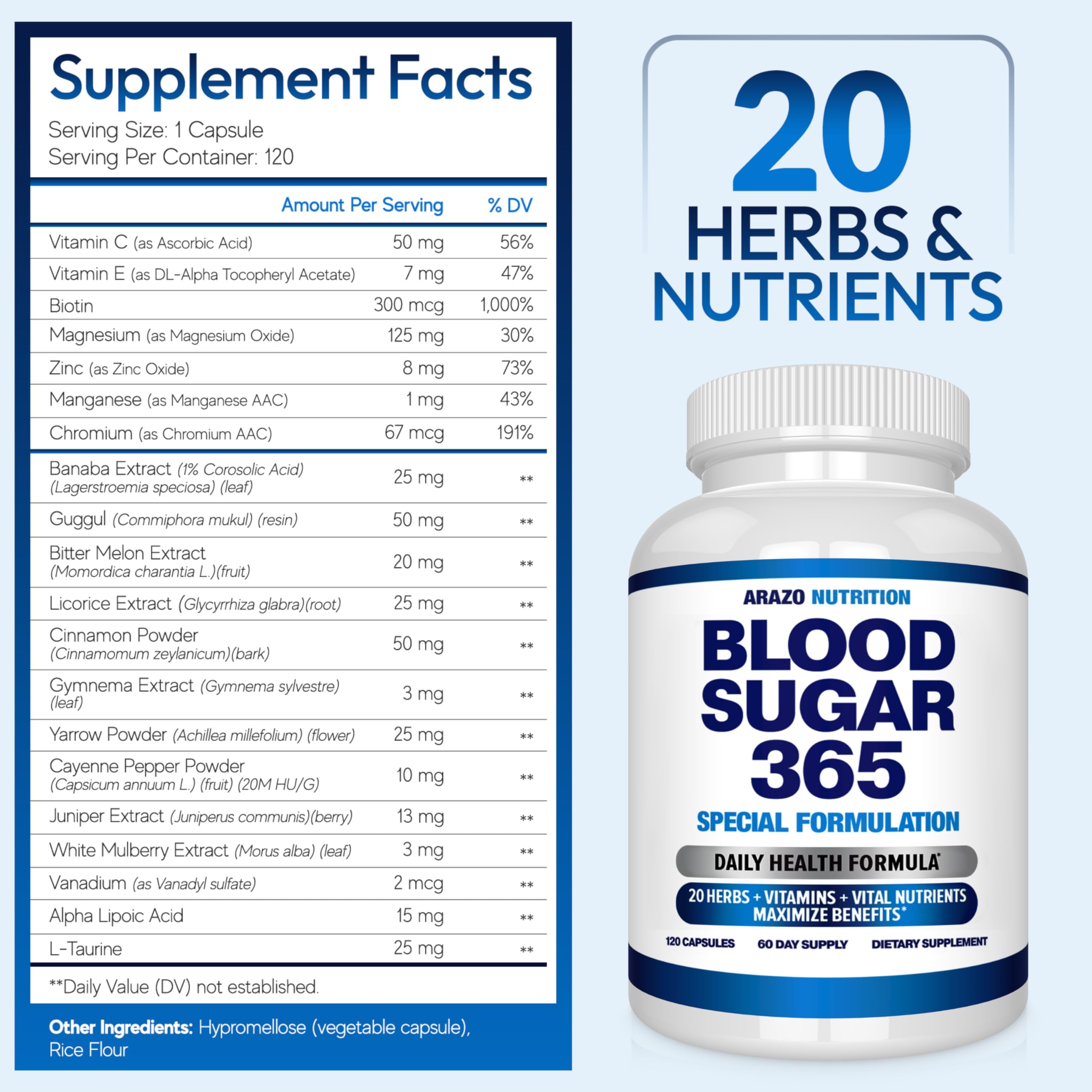 Arazo Nutrition Blood Sugar 365: vista lateral de la botella para uso diario cómodo.